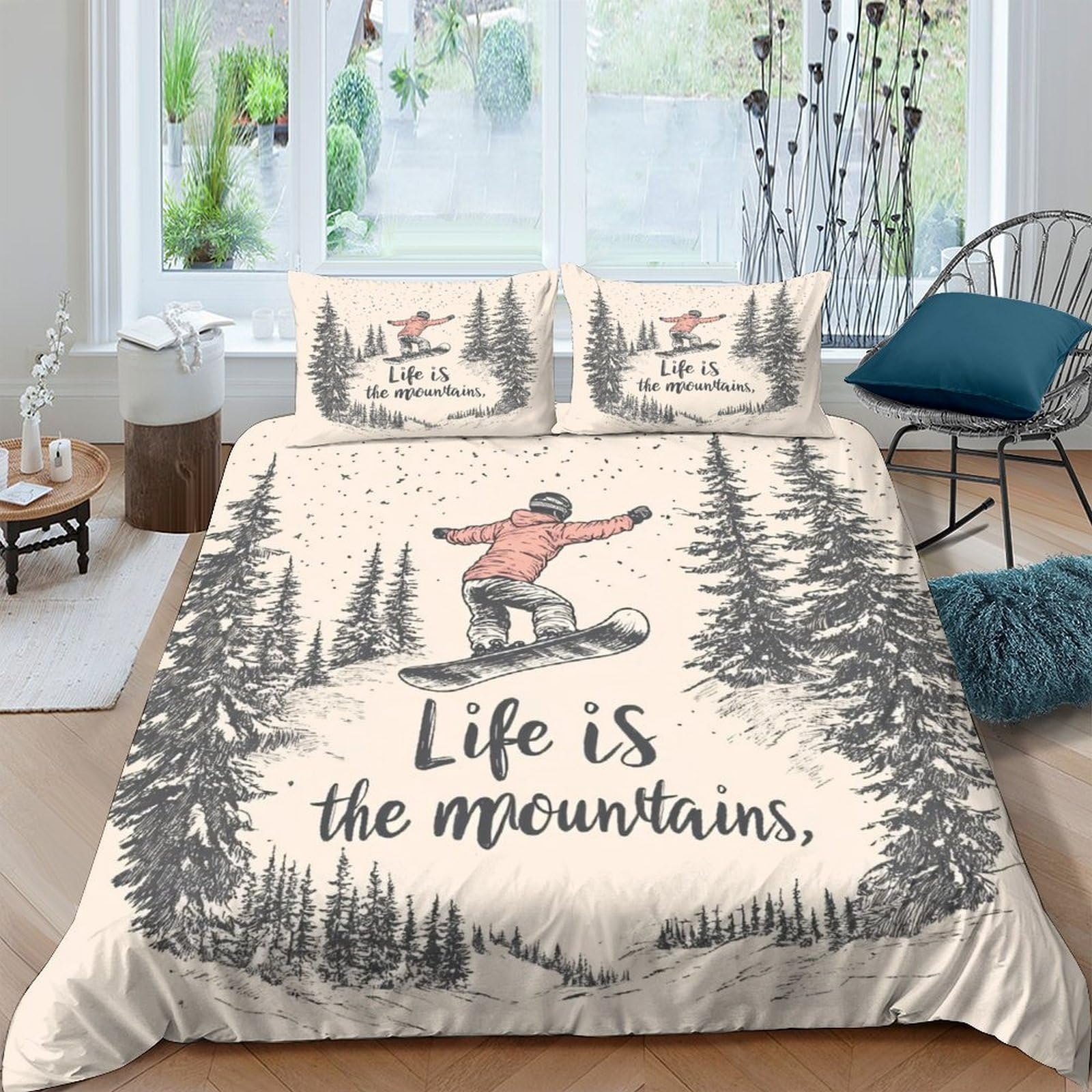 Ctjqhvkz Style-10 3D Printed Snowboard Forest Fitted Sheet Microfiber Anti-Slip Mountain Quote Bed Cover For Bedroom Decor Easy Care Single（135X200cm）