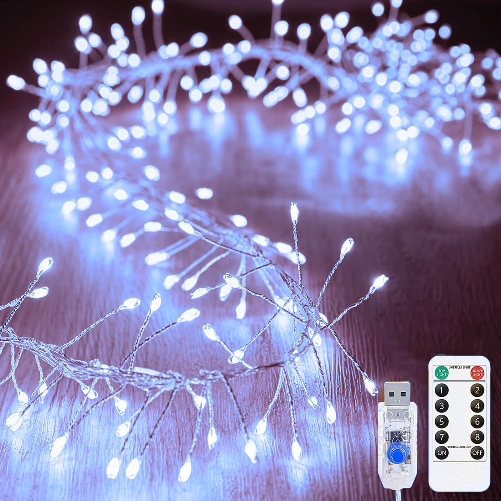 KINGCOO Cluster Fairy Lights with Remote, Waterproof 29.5FT 300LED Silver Wire Firecracker String Lights USB Powered for Outdoor Indoor Bedroom Window Wedding Christmas Party Decoration (White) — image 1