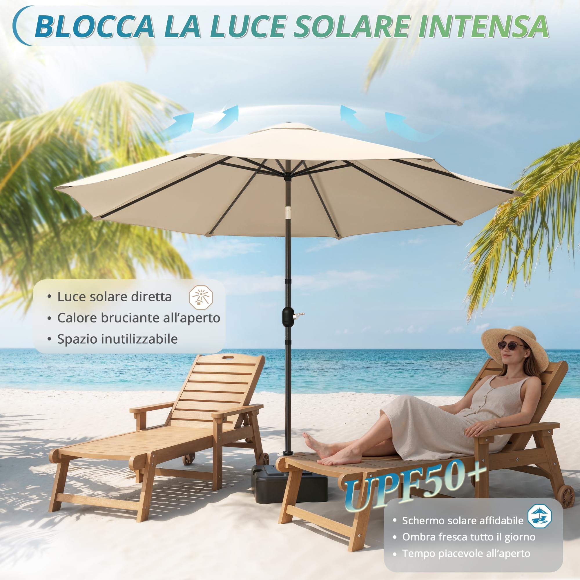 LUE BONA Ombrellone regolabile da 300 cm, con 8 nervature e manovella, per patio, giardino, terrazza, mercato