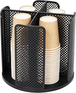 BATTIPAW Rotatable Cup and Lid Organizer with 4 Compartments, Coffee Cup Dispenser, Paper Cup Storage Holder, for Countertop Bathroom Kitchen Bedroom Coffee Shop Black