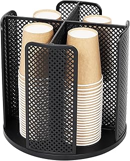 Rotatable Cup and Lid Organizer with 4 Compartments, Coffee Cup Dispenser, Paper Cup Storage Holder, for Countertop Bathroom Kitchen Bedroom Coffee Shop (Black)