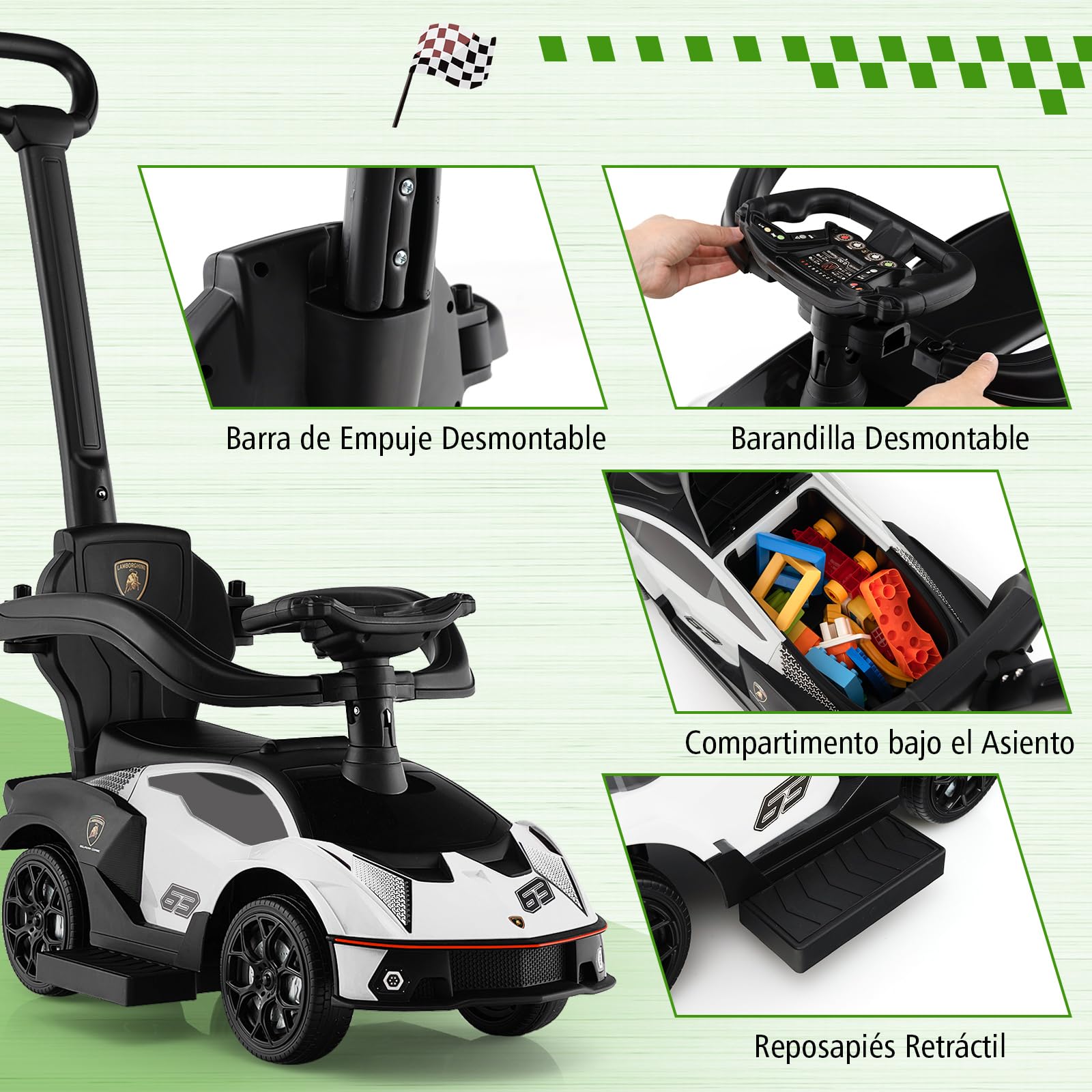 COSTWAY 3 en 1 Correpasillos para Niños Lamborghini, Coche de Empuje con Asa, Volante, Barandilla Desmontable, Caja de Almacenamiento, Función de Bocina, para Niños de 12-36 Meses (Blanco)
