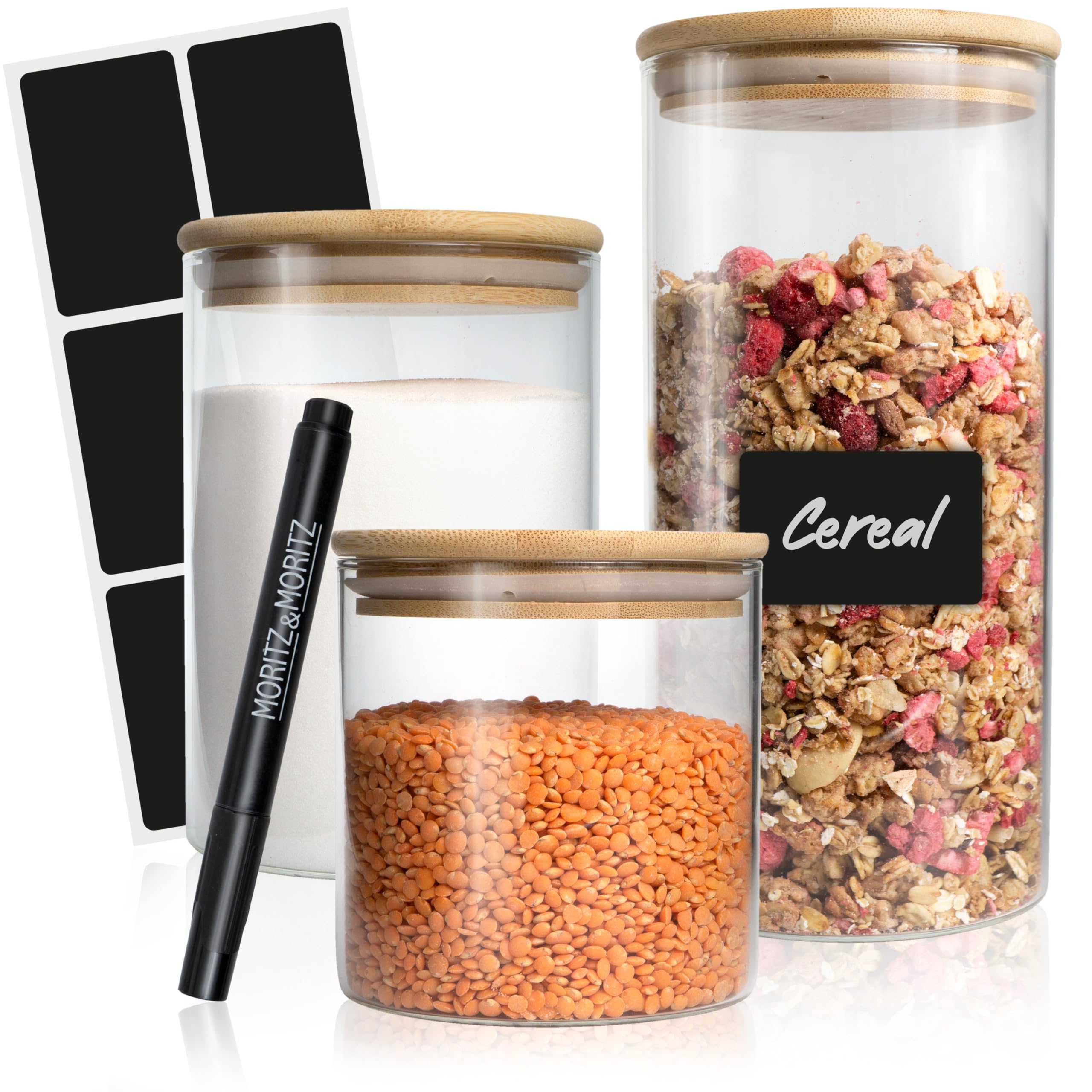 Moritz & Moritz Glass Storage Jars with Bamboo Lids – 3 Airtight Food Containers – 1.5L / 0.75L / 0.5L – Borosilicate Glass Kitchen Jars – Pantry Storage Set with Chalk Labels