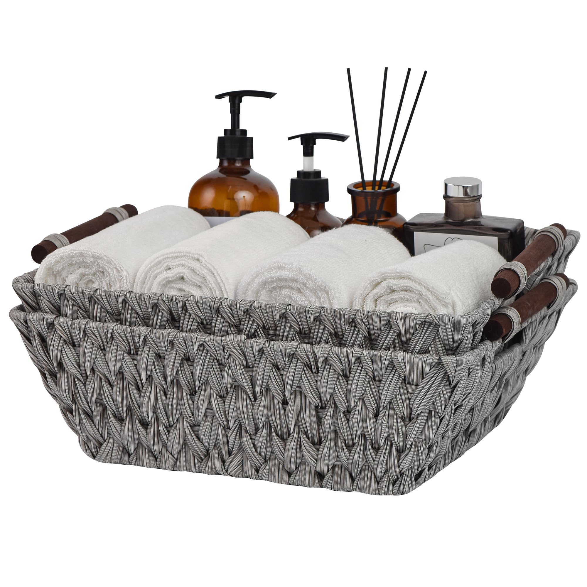GRANNY SAYS Wicker Storage Baskets, Pack of 2 Wicker Baskets for Shelves Organising, Waterproof Woven Basket with Handles, Grey