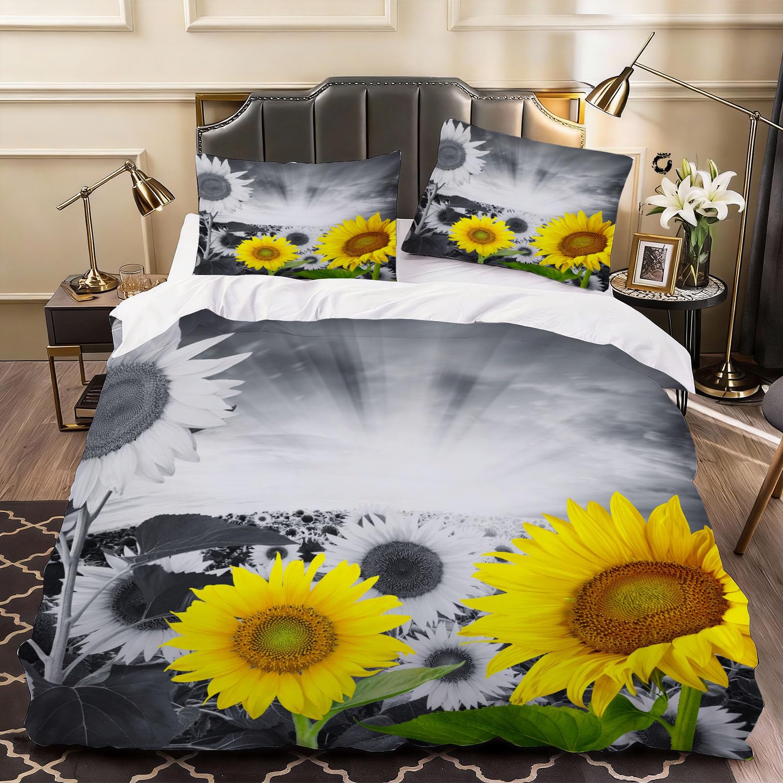 3D Sunflower Vintage Duvet Cover Plant Bedding Single Bed Set, Soft Microfiber Comforter Cover Printed with Zipper Closure Quilt Coverr 135x200 cm and 2 Pillowcases