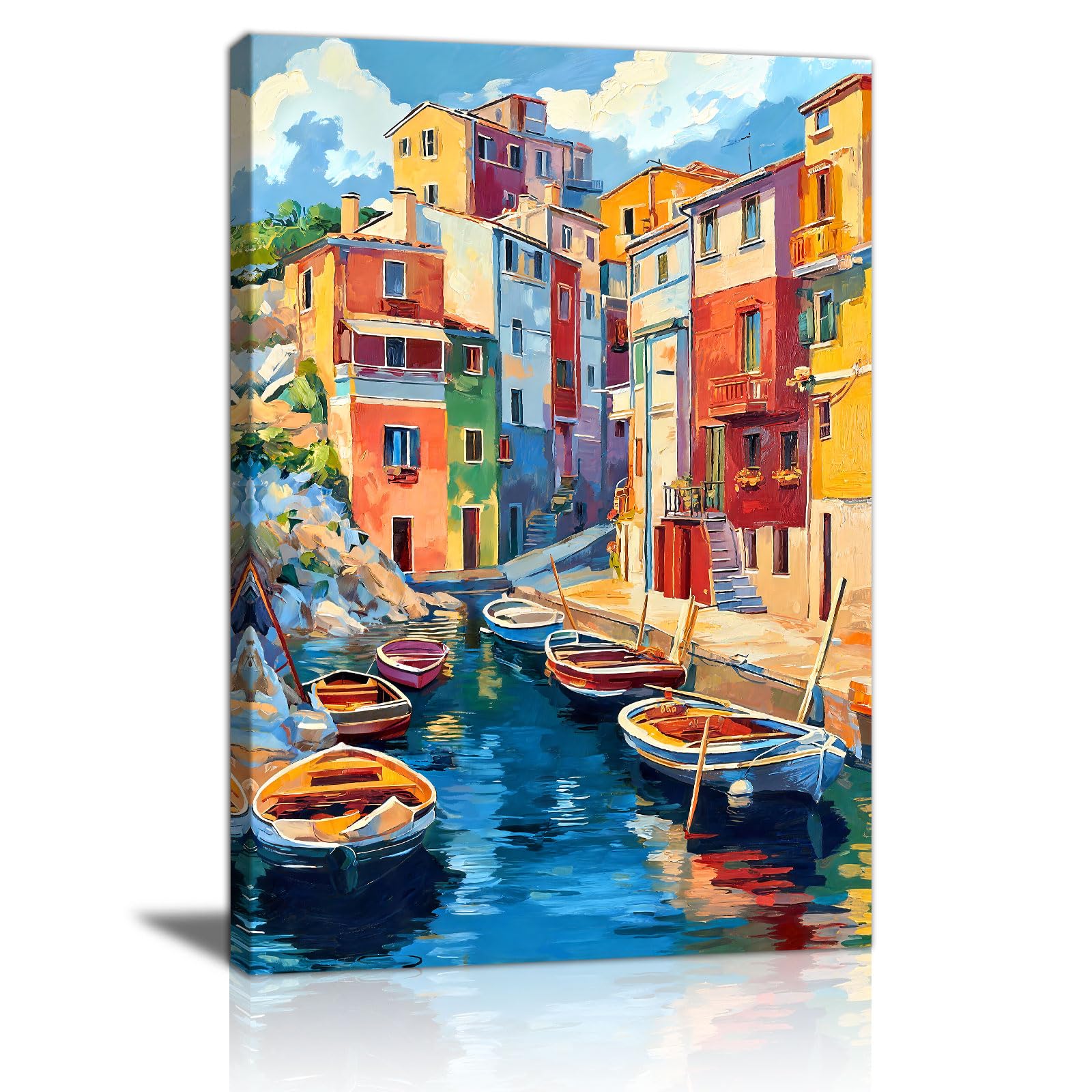 Colourful Southern European Town Framed Canvas Wall Art Prints, Beautiful Porto di Positano Italy Wall Pictures Nature Seaside House Boat Canvas Painting Home Decor for Bedroom Living Room 40X60cm