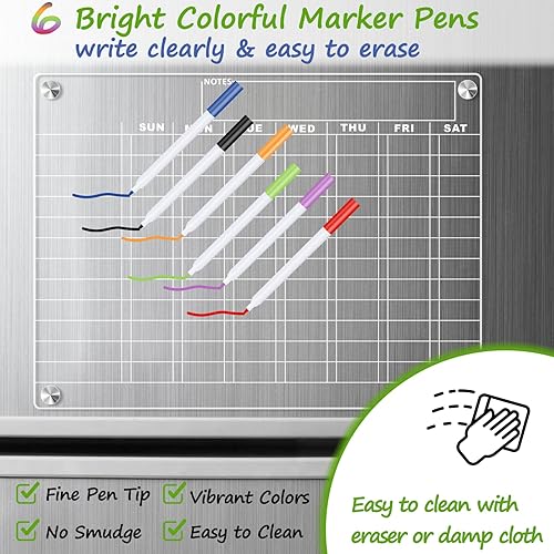 Miniatura 5 de Calendario magnético acrílico para refrigerador, 2 piezas de tabla magnética de tareas de borrado en seco y paquete de calendario mensual para