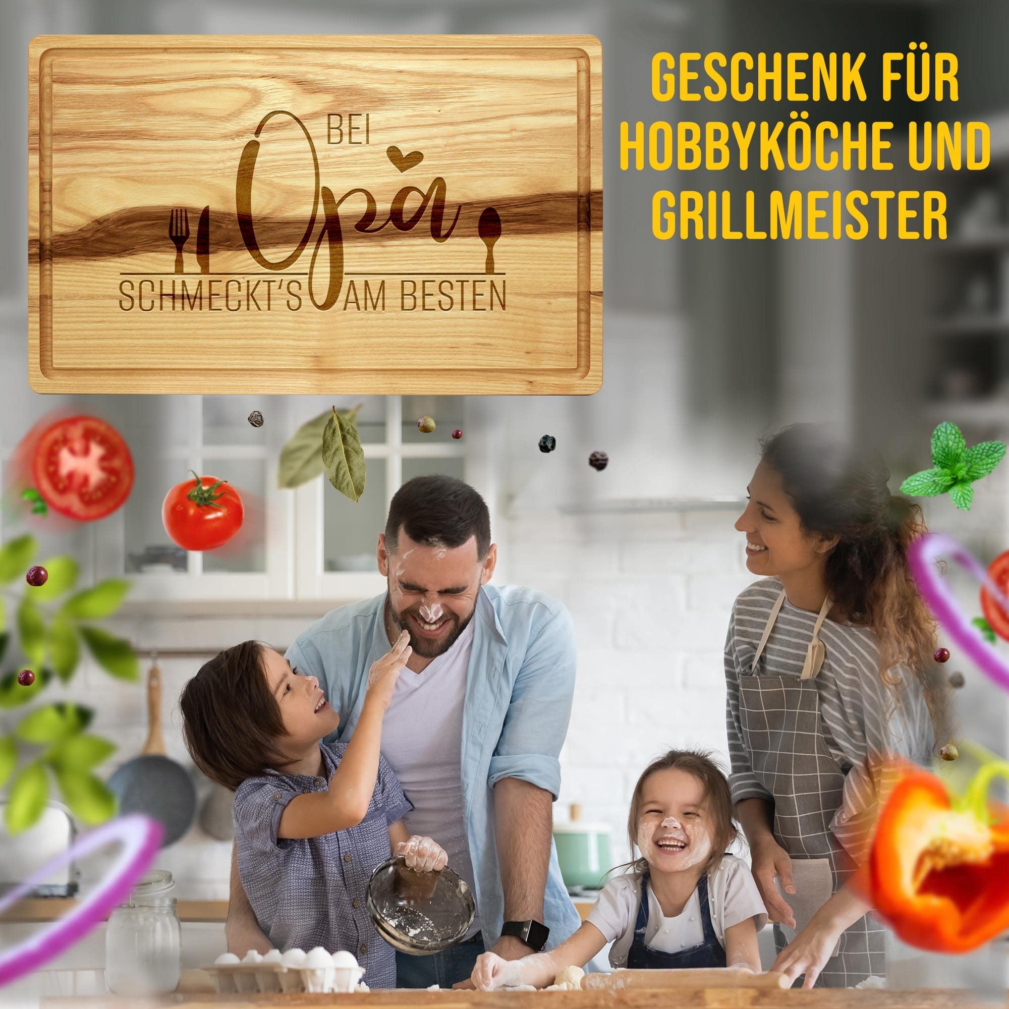 Großes Holzbrett mit Gravur - Bei Opa schmeckt's am besten - Schneidebrett gravieren| Eschenholz, 40 x 25 x 2 cm, Geschenk mit Gravur, Geschenk für Opa