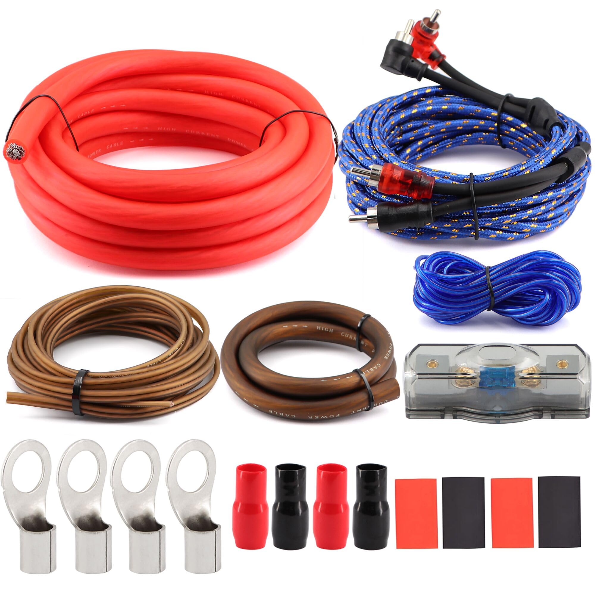 True 0 Gauge CCA Amplifier Wiring Kit 3000W Complete - 1/0 AWG Car Audio Power Cable with Fuse Holder & RCA | for Subwoofer & Big 3 Upgrade