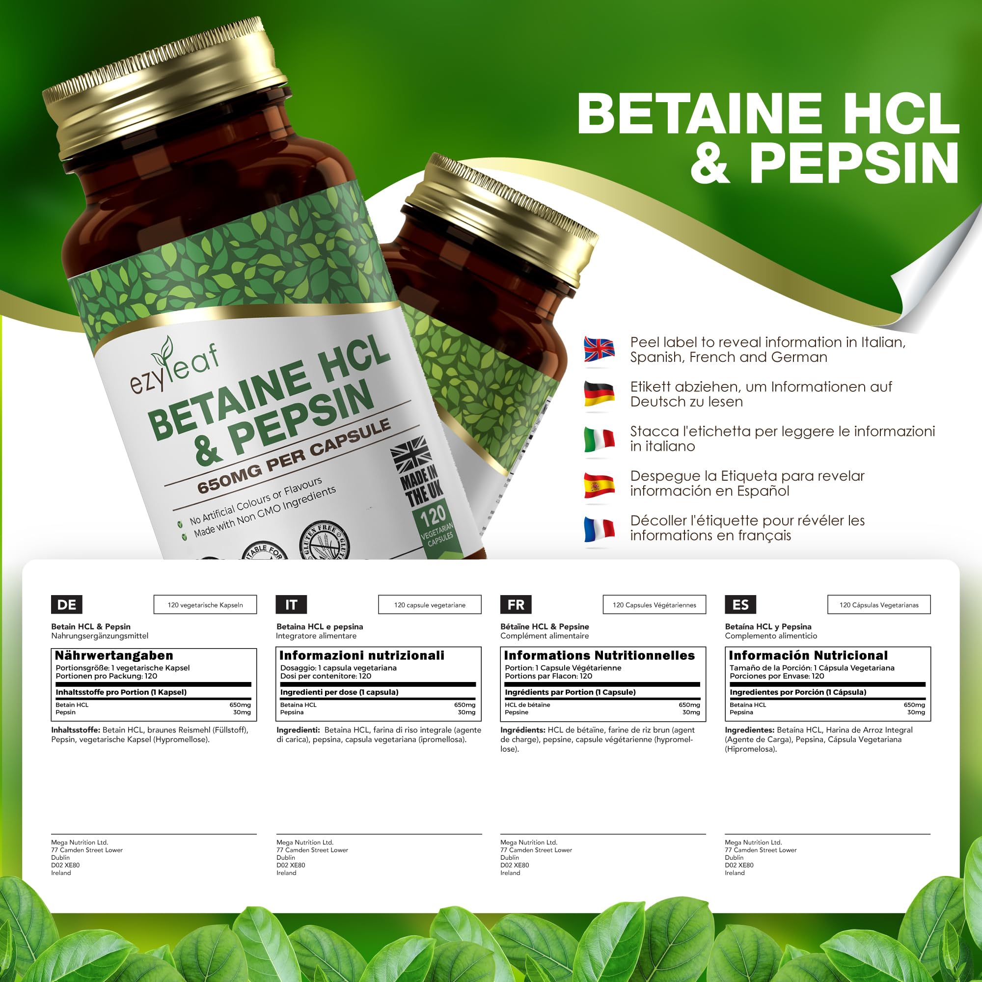 Ezyleaf Betaine HCL with Pepsin 650mg | 120 Vegan Capsules | Betaine Hydrochloride with Pepsin | Digestive Enzyme Supplements | No Artificial Ingredients | ISO Certified, Gluten Free Non-GMO | UK Made