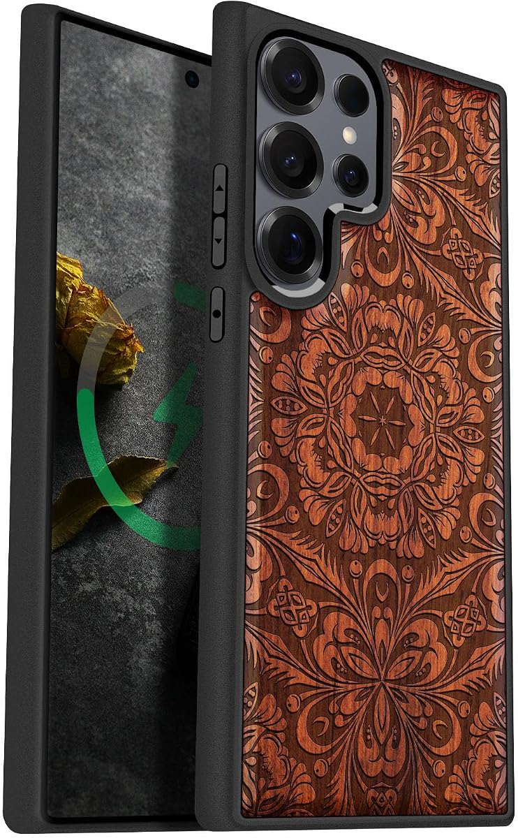 Carveit Wood Case for Galaxy S25 Ultra, (Baroque Blossom) Rosy | Magnetic Samsung Galaxy S25 Ultra Case Compatible with MagSafe Wireless Chargers, Engraved Wood & Soft TPU Shockproof Bumper