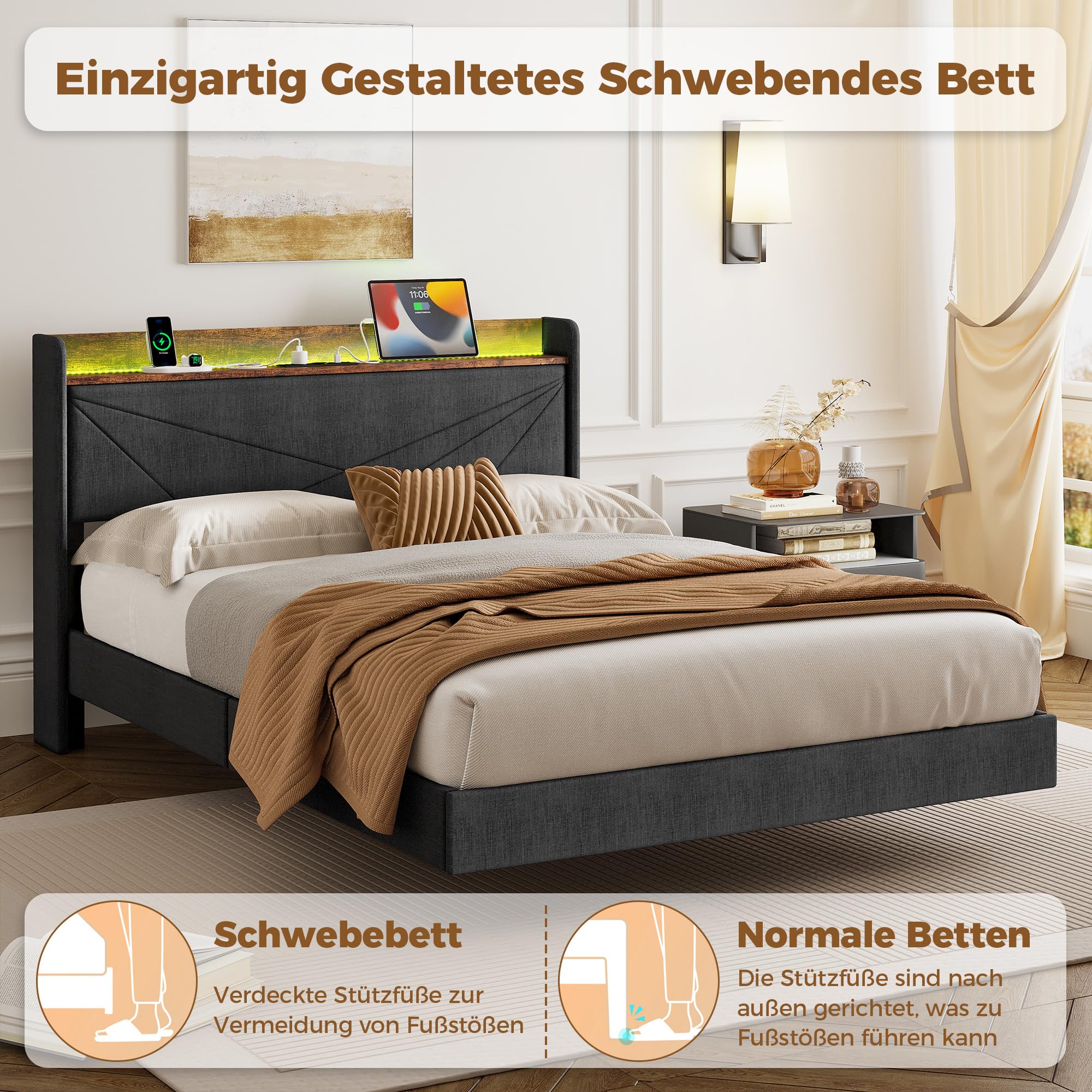 IRONCK Polsterbett 140x200, Schwebebett mit LED-Beleuchtung und Ladestation (USB/USB-C/Steckdosen), gepolstertes Kopfteil mit Stauraum, Bett mit Lattenrost, Doppelbett Bettgestell, Leinen, Dunkelgrau