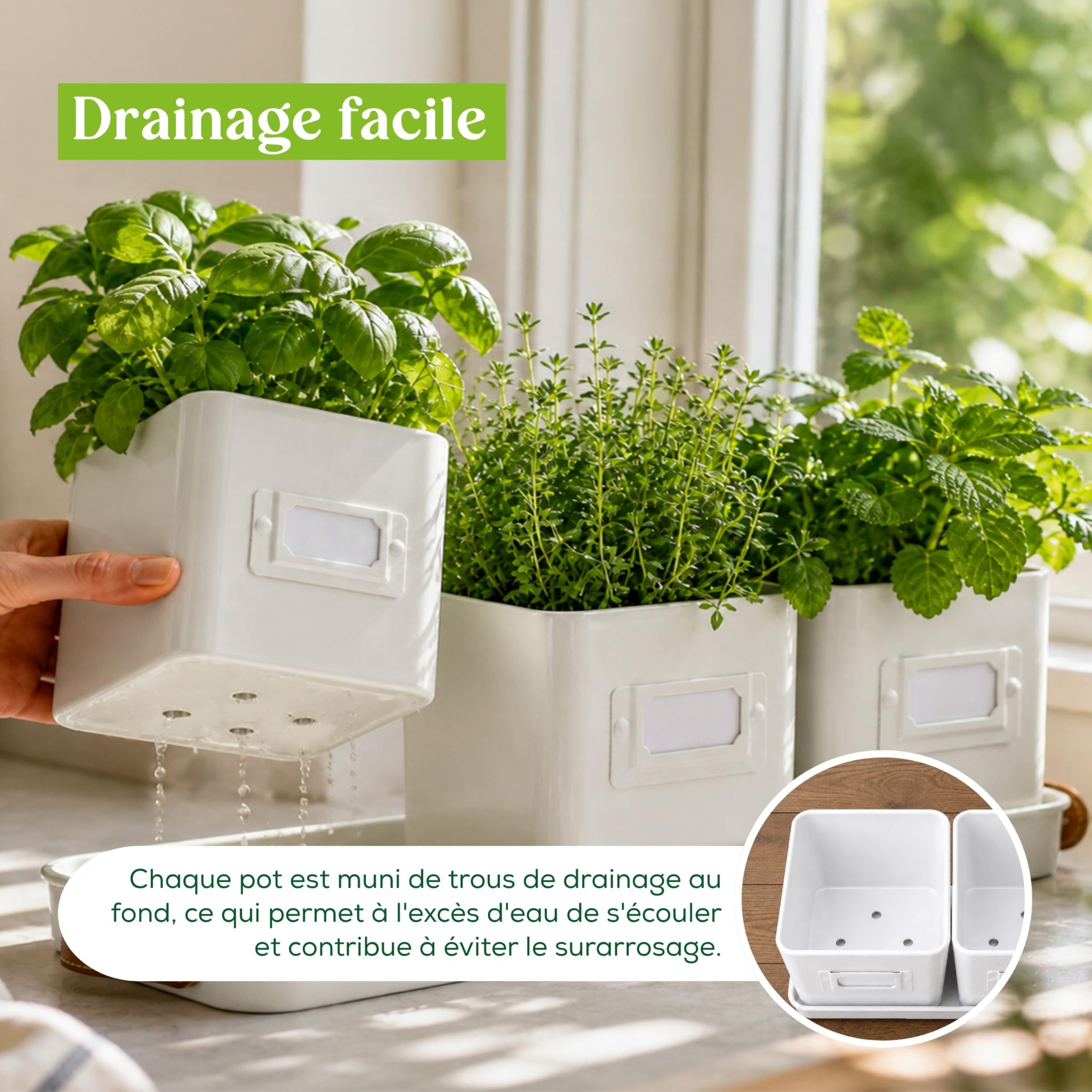 Green Thumbz Jardinière Herbes Aromatiques avec Poignée en Cuir - Idéal pour Basilic en Pot Herbes Aromatiques à Planter - avec Bac de Récupération et Trou de Drainage (Blanc)
