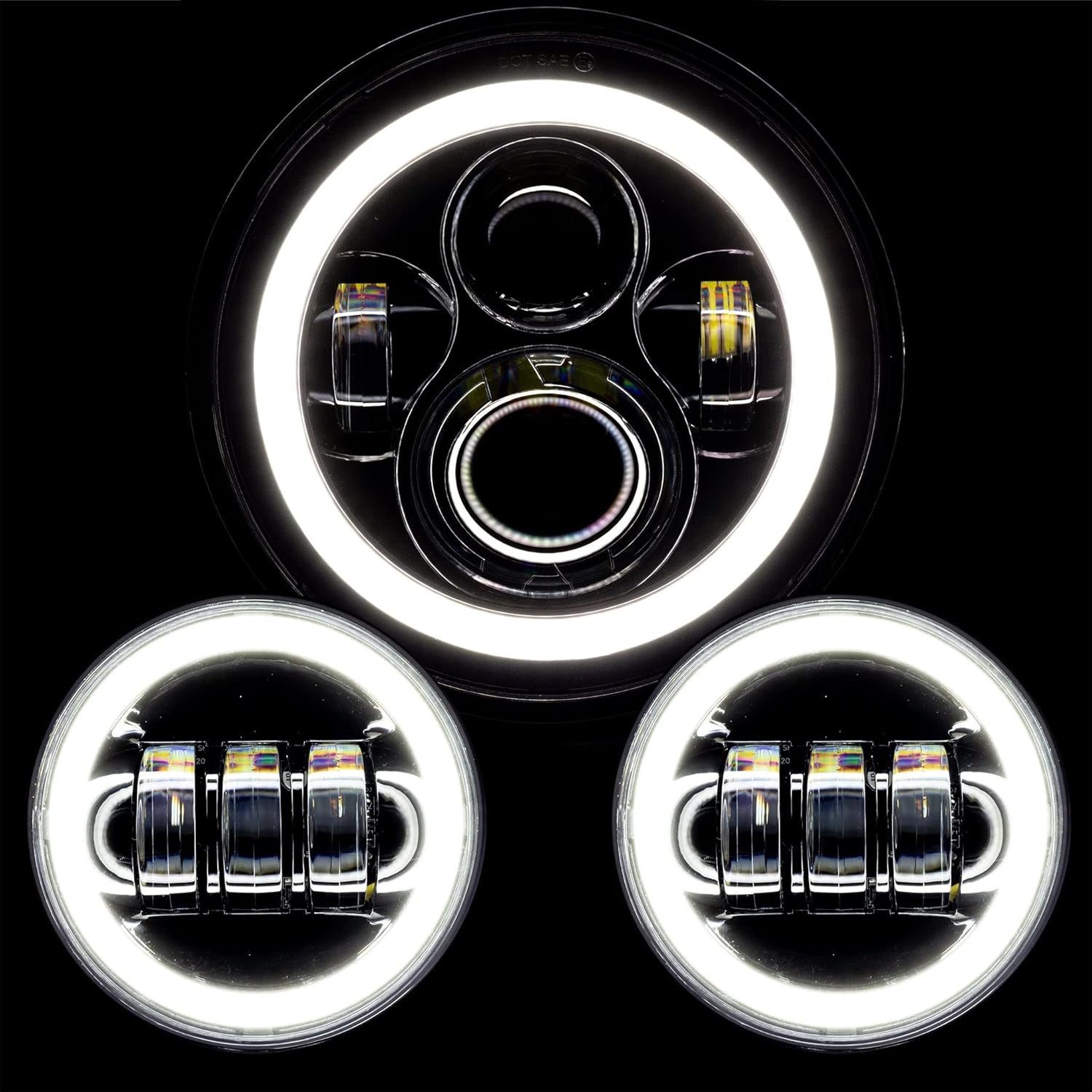 Eagle Lights 9100BPK 7 Inch LED Headlight and LED Spot/Passing Light Kit with White Halo Rings Compatible With Harley Davidson and Indian Motorcycles - Generation I/Black Halo Kit