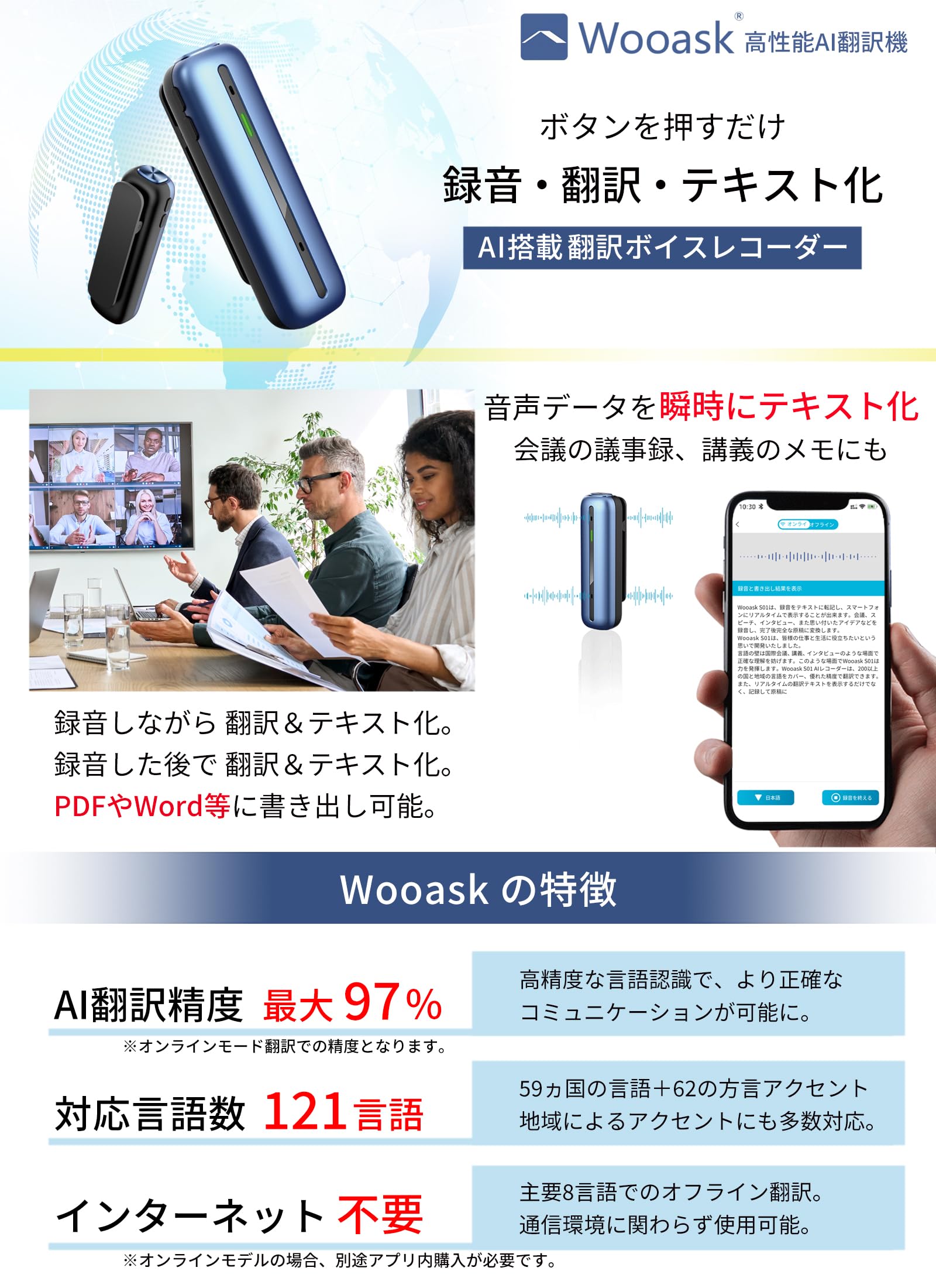 Amazon.co.jp: Wooask S01 ボイスレコーダー 翻訳機 文字起こし 121