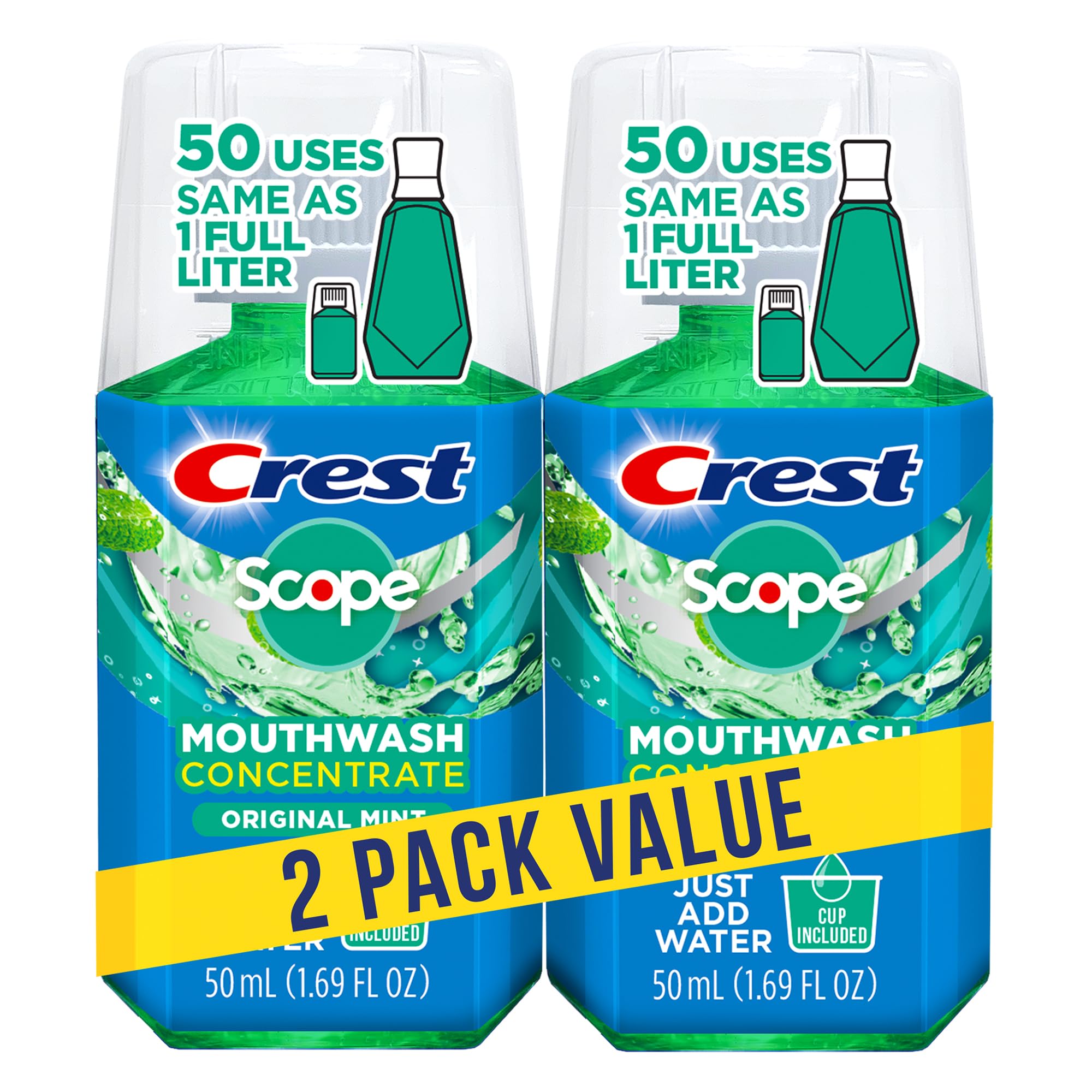 Crest Scope Mouthwash Concentrate, Travel Size Mouthwash, Original Mint Flavor, Helps Freshen Breath, 2 Pack -50 ml Squeeze Bottles