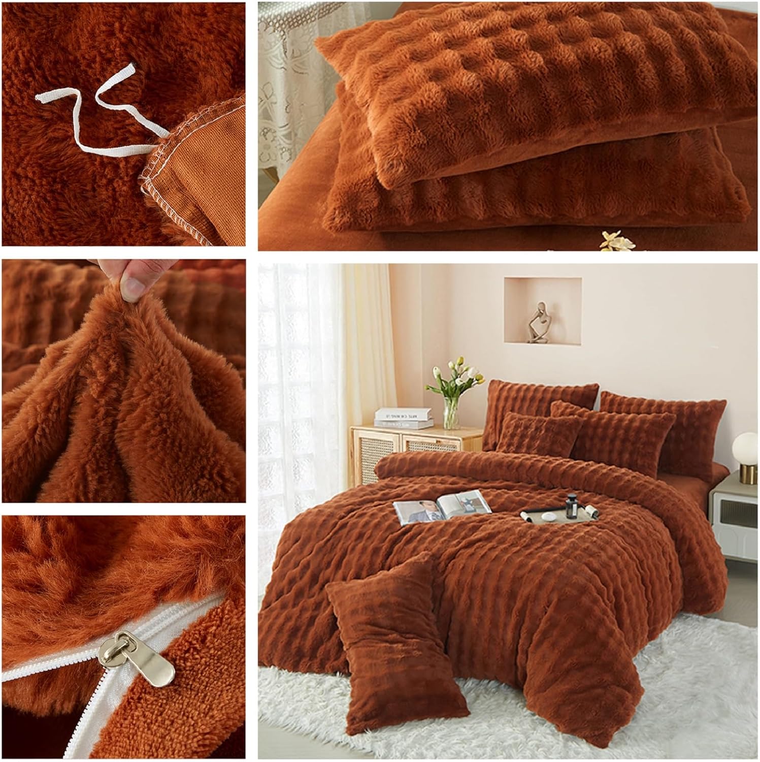 Fluffy Faux Rabbit Fur Duvet Cover Set Twin Size Caramel Pumpkin, Luxury Soft Plush Shaggy Comforter Cover for Cold Winter Spring Fall, 2pcs Velvet Fuzzy Furry Bedding Sets Burnt Orange