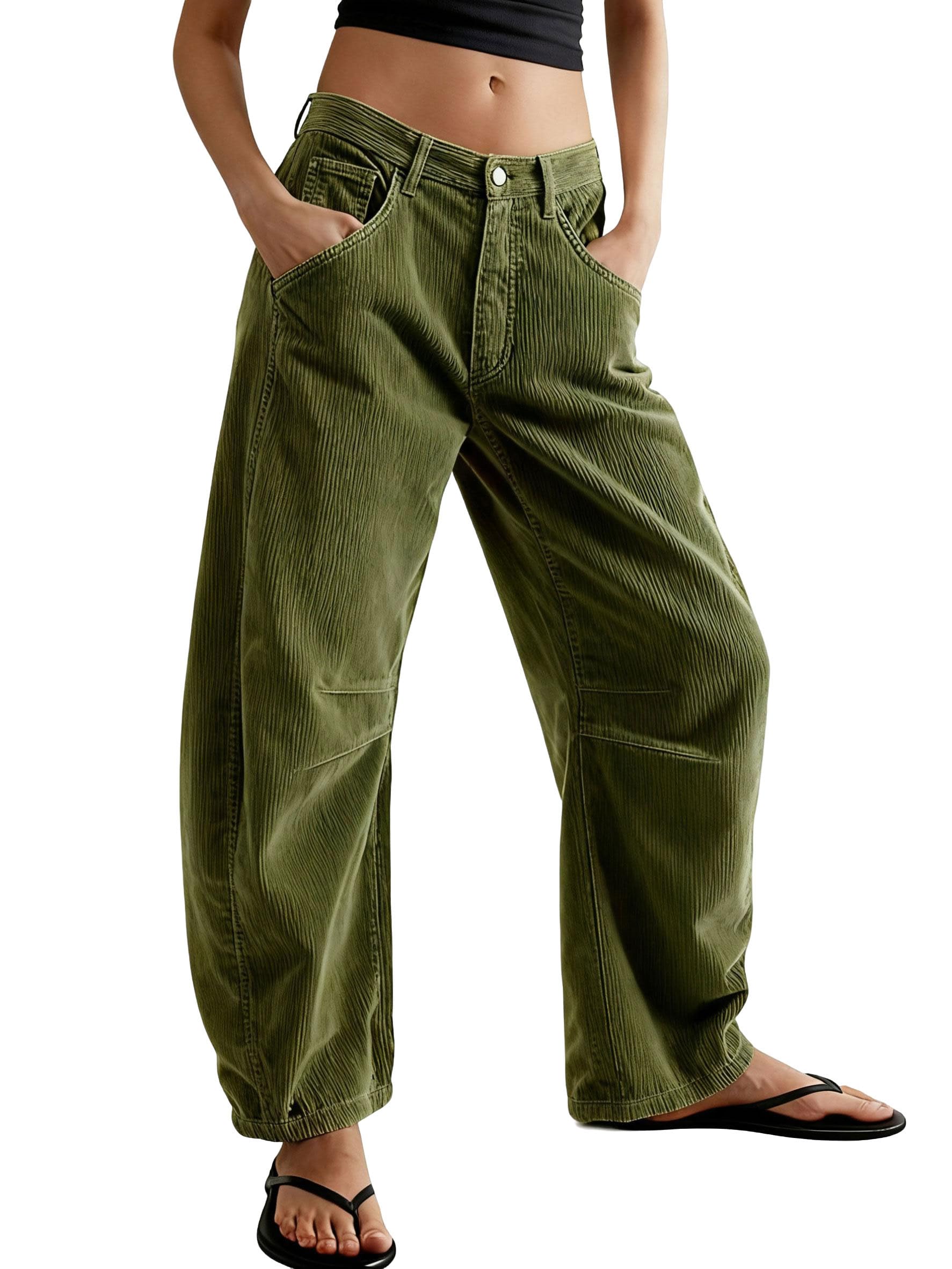 utcoco Womens Corduroy Mid Rise Barrel Jeans Casual Vintage Wide Leg Pants Y2k Baggy Boyfriend Trousers