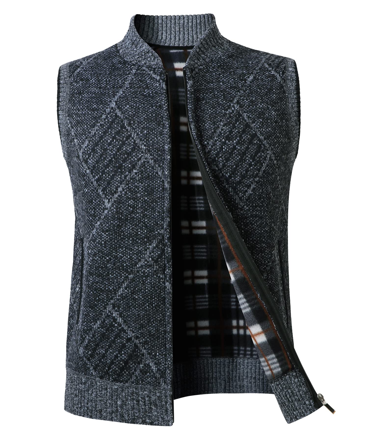 Hommes Cardigan Veste en Maille Pulls sans Manche Grosse Maille avec Col Droit Automne Hiver Chaud avec Poche Gilet Doublure Polaire Débardeurs Tricoté Chandail