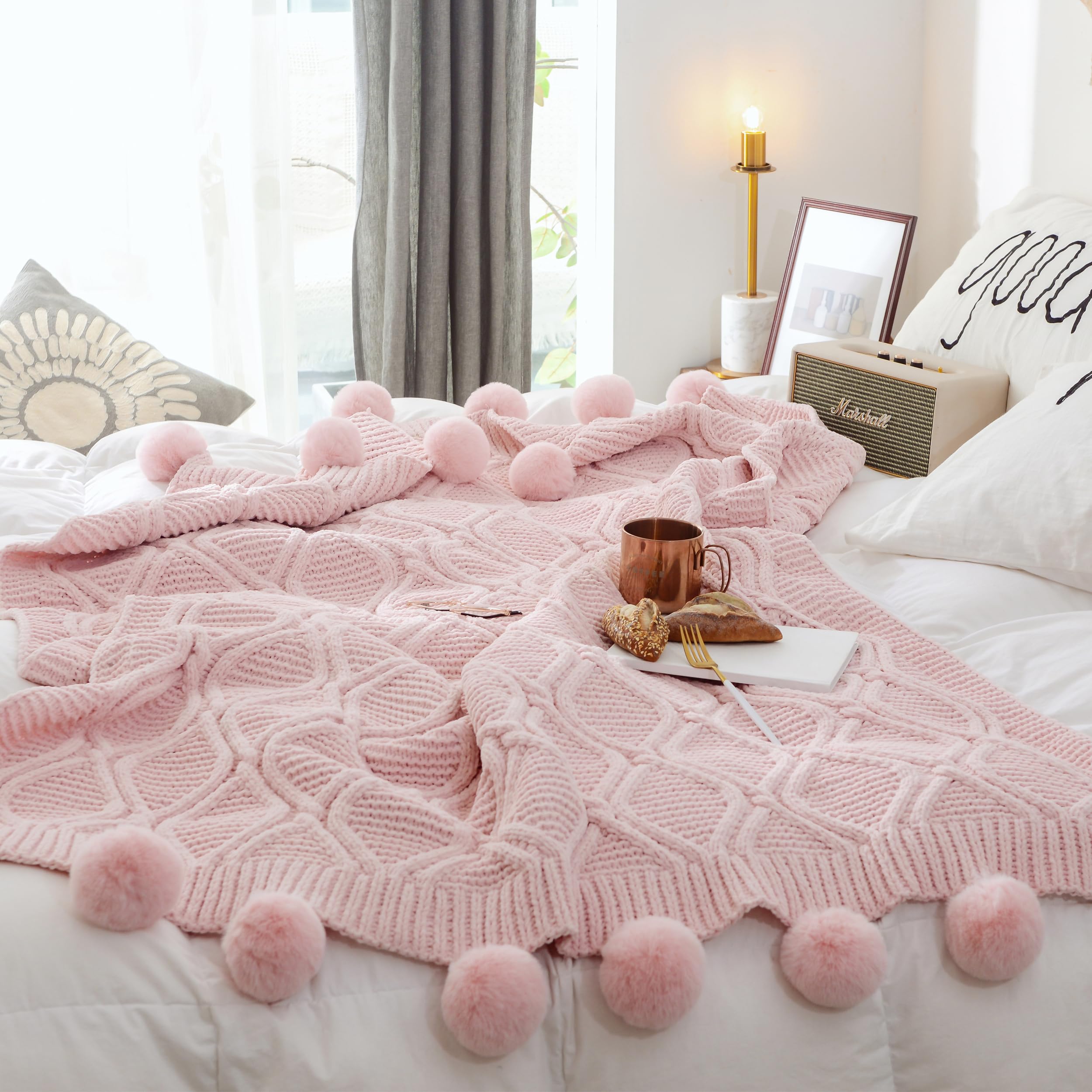 Soft Cozy Chenille Solid Pink Knit Throw Blanket With 16pcs