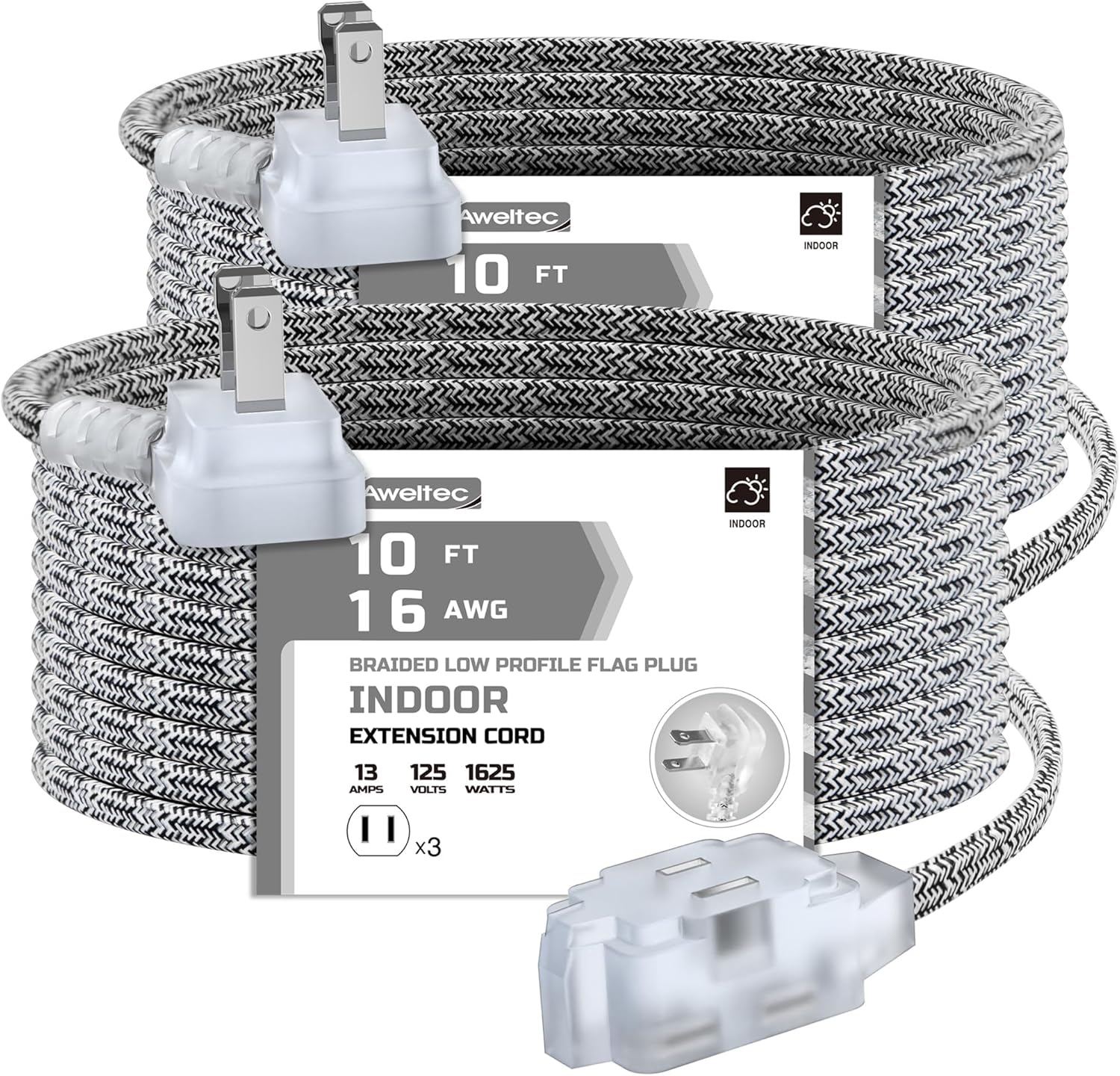 2 Pack Extension Cord 10 Ft,3 Outlet Braided Cable,16 Gauge Wire SPT-2, Multiple Outlets Tamper Guard,Outlet Saver,3 Polarized Outlets with Safety Cap Protection for Home Office, Black/White