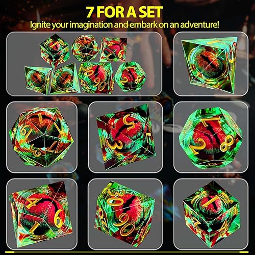 Miniatura 6 de DND - Juego de dados DND de resina de 7 piezas, borde afilado con ojo de dragón animado impulsado por la gravedad, dados poliédricos para juegos de