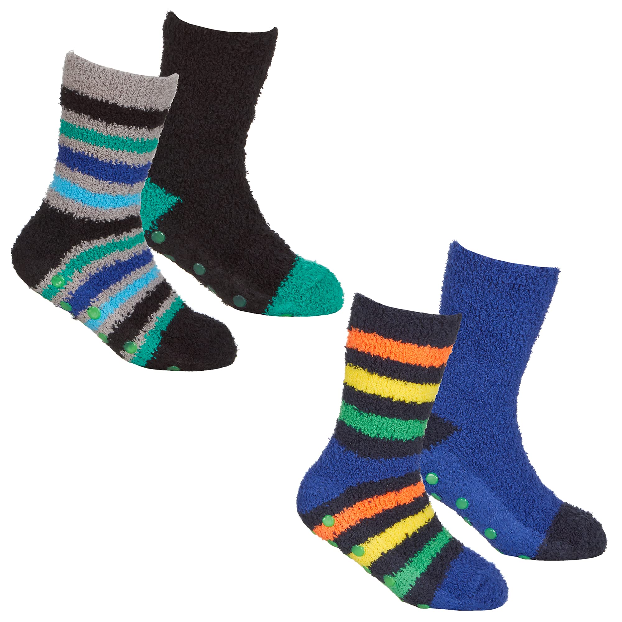 Sock Stack 4 Pairs Of Boys Girls Fluffy Slipper Socks Super Soft Cosy Thermal Non-Skid Gripper Sock (Boys Dark Assorted, 4-7 years)