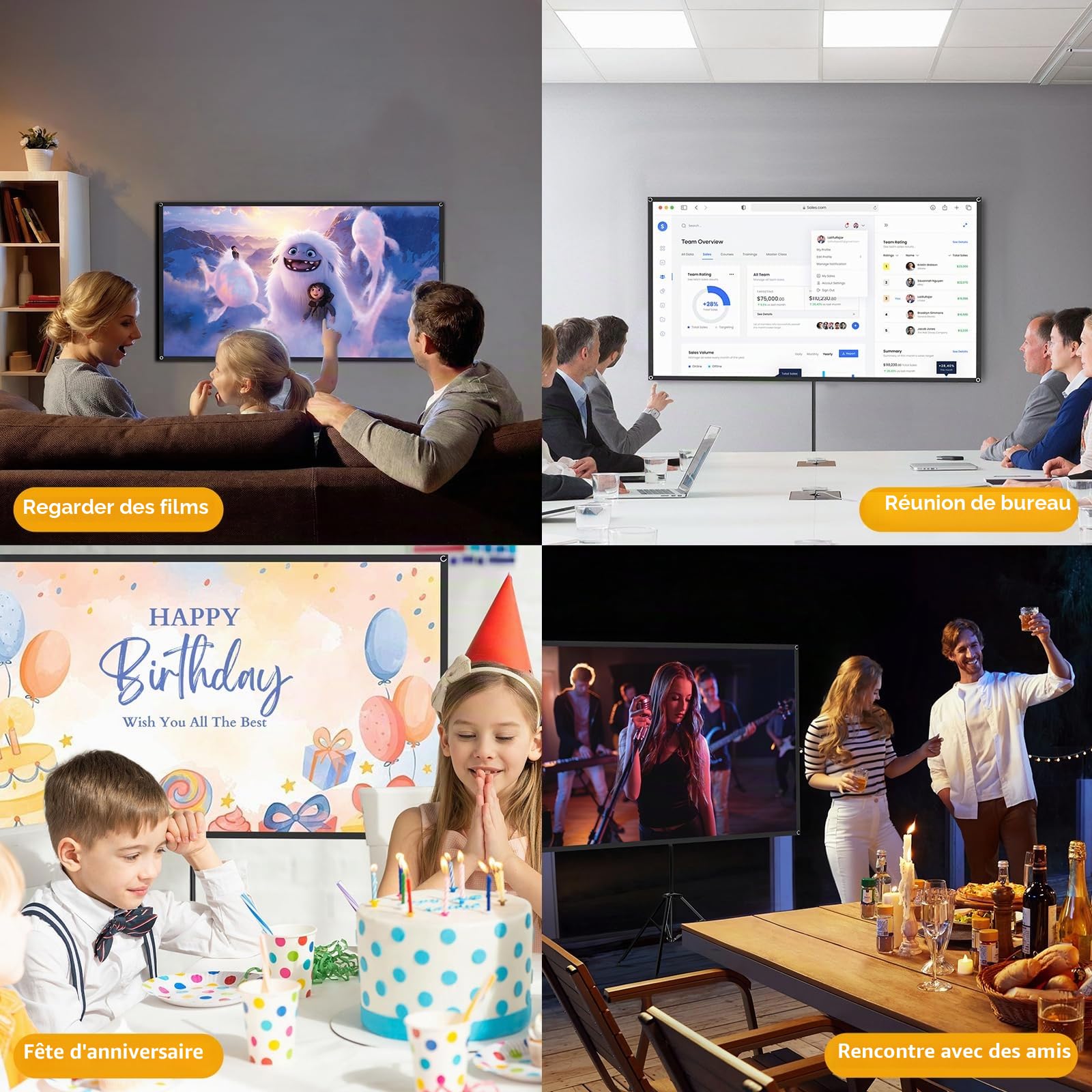 WASJOYE 80 inch Ecran Videoprojecteur,16:9 4K HD Ecran Videoprojecteur sur Pied,Conception Résistante au Vent,Livrée avec Une Corde et des Piquets,Idéale pour Le Home Cinéma et.