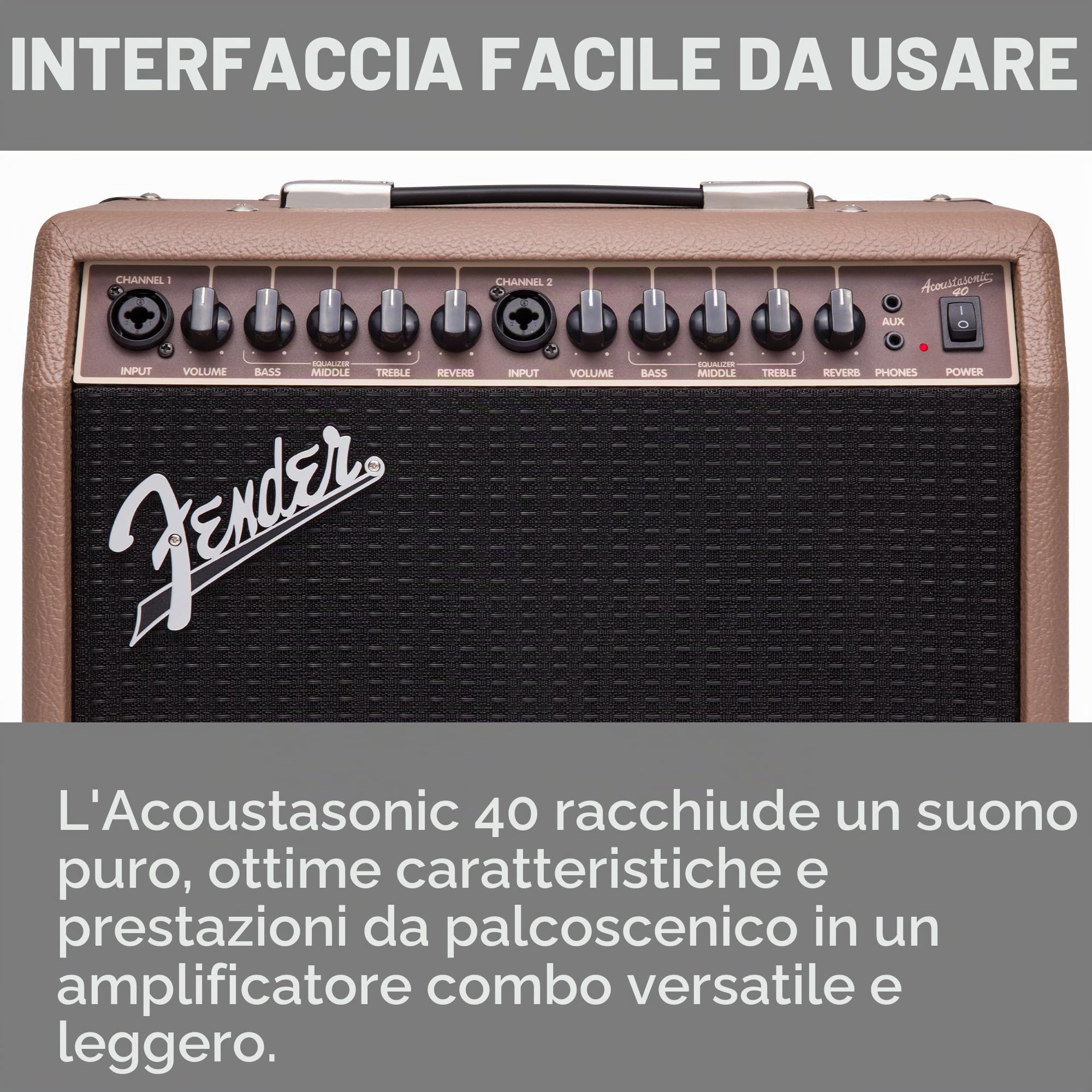 Fender Acoustasonic - Amplificatore per chitarra acustica, 40 Watt, portatile, con doppio altoparlante da 6,5", riverbero integrato, ingressi XLR/1/4", marrone/grano, con garanzia di 2 anni