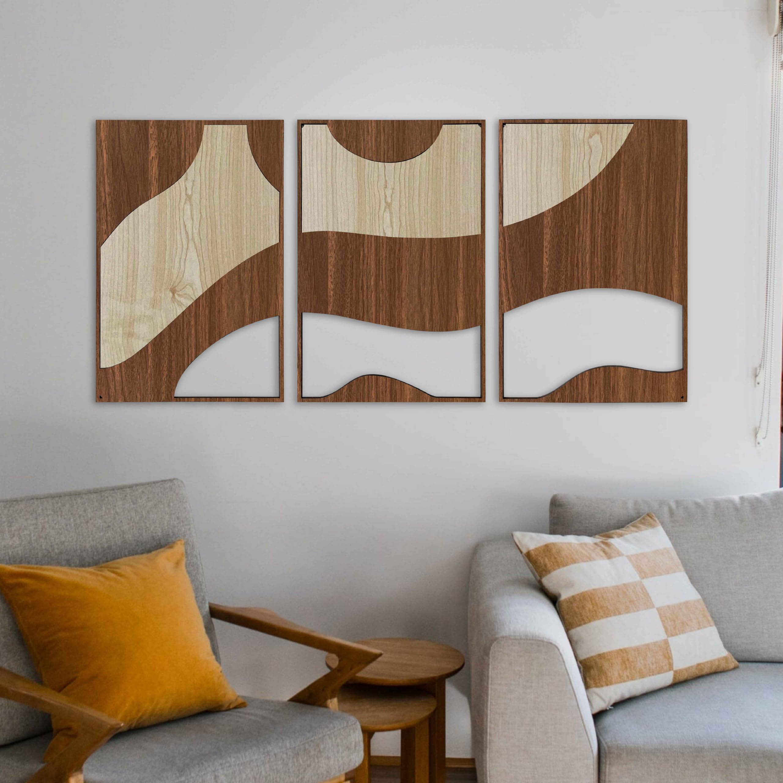 Zeitgenössische Holzwandkunst, Triptychon, abstrakte Kurven im Erdton, Wanddekoration, moderne neutrale Wandpaneele, neues Zuhause, Akzente, Geschenk für Wohnzimmer und Schlafzimmer