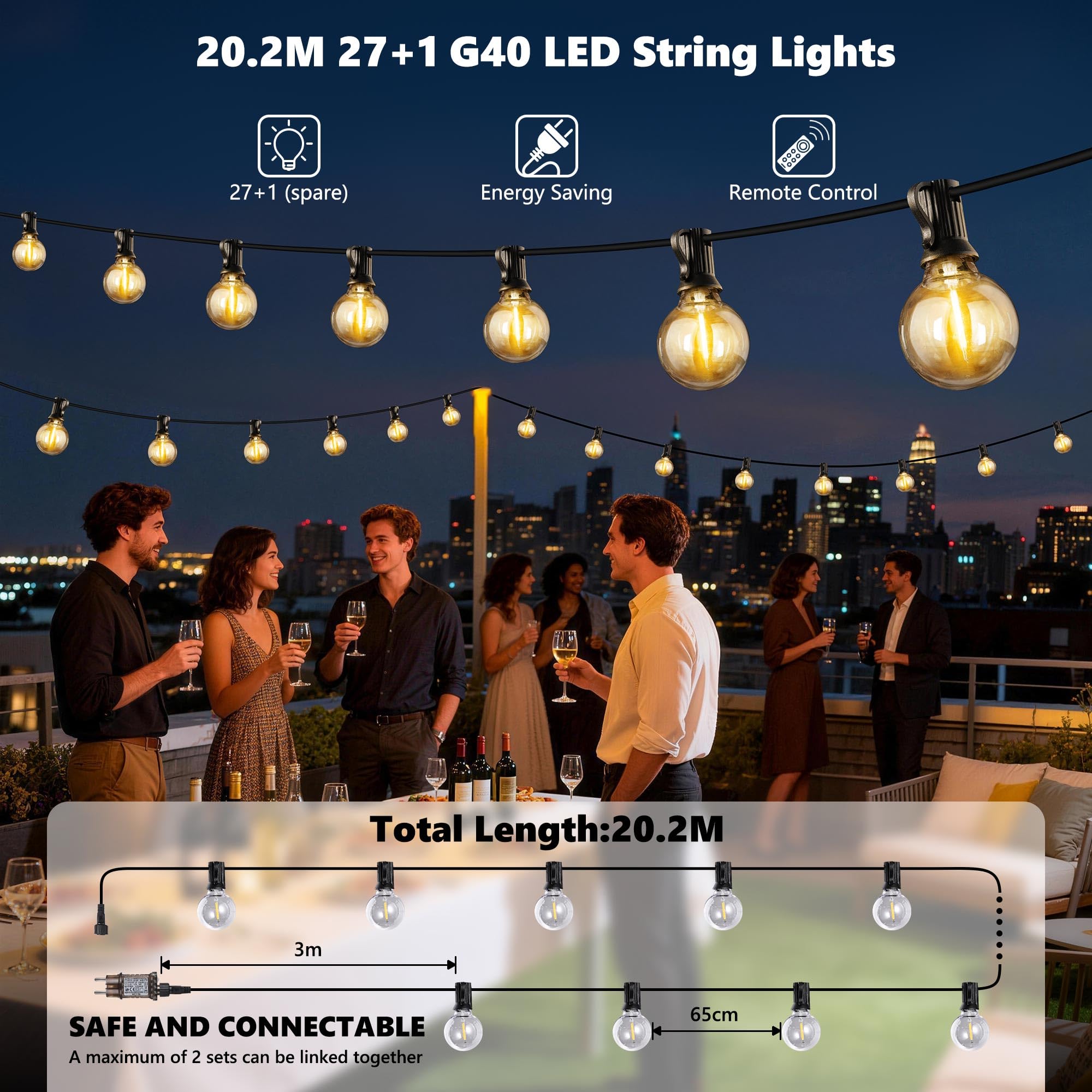 Joomer Guirnalda Luces Exterior, 20M Guirnaldas de Luces Exterior con 27+1 G40 Bombillas, 3 Modos Impermeable Luces Led Interior con Enchufe para Jardín, Patio, Café, Fiesta, Terraza