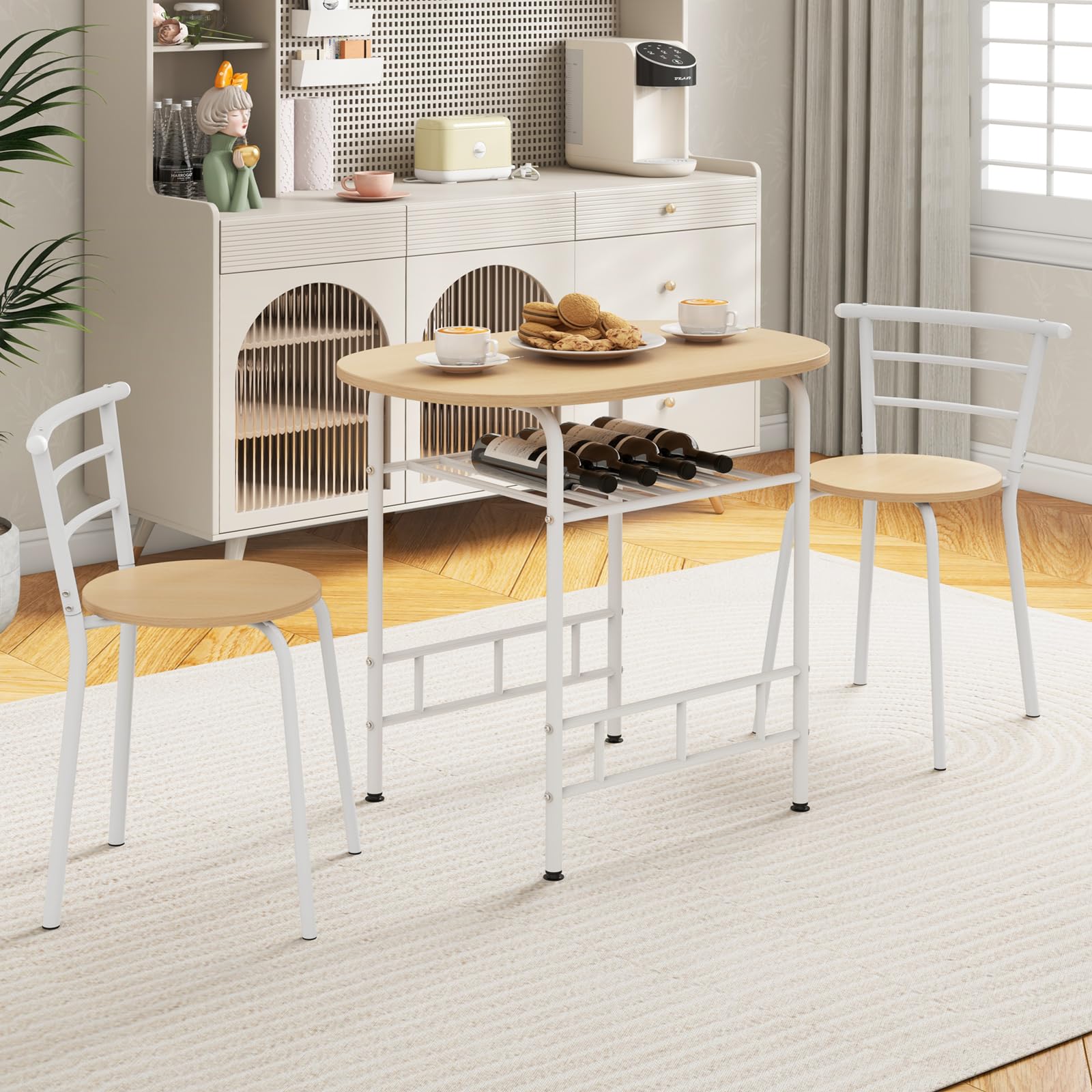 COSTWAY Table de Cuisine avec Chaise pour 2 Personnes, Table Cuisine Petit Espace avec Porte-Bouteilles, Table à Manger Ronde Cadre en Métal pour Bistro, Jardin, Balcon (Naturel)
