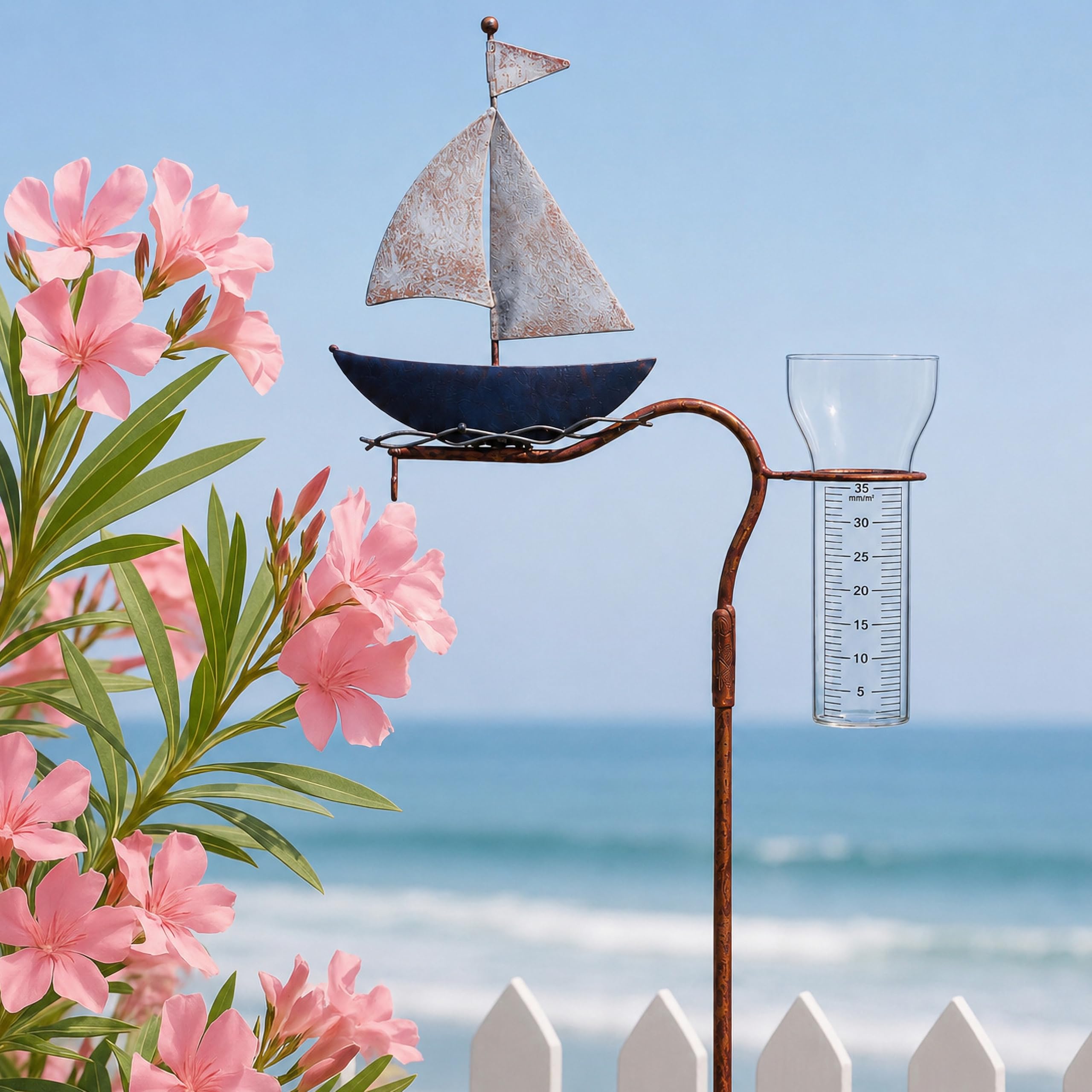 Pommerntraum ® | Regenmesser Niederschlagsmesser Pluviometer maritimer Gartenstecker Segelschiff mit Meisenknödelhalter - tolle nautische Gartendekoration + Gartenteichdeko (Segelboot)