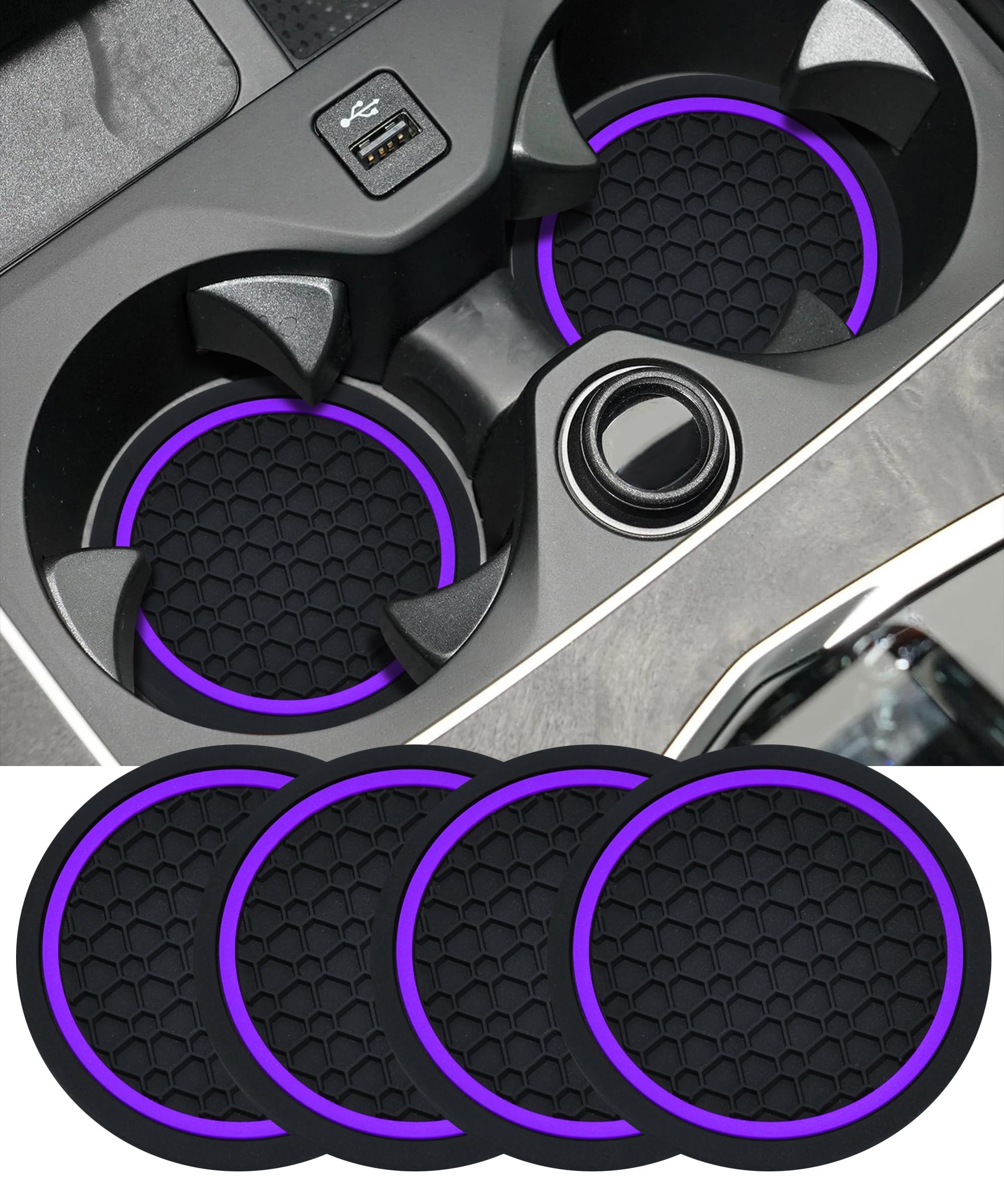 UBOG 4PCS Car Coasters,Car Accessories Car Cup Coasters,Car Accessories Interior,2.75 Inch Car Coasters for Cup Holders,Universal Non-Slip Car Cup Holder Coaster for Most Vehicle Truck (Black&Purple)