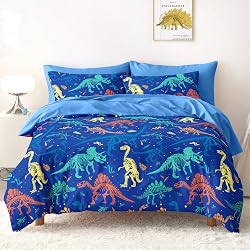 Wake In Cloud - Dinosaur Bedding Set for Boys, Colorful Dino Prehistoric Fossil, Soft Lightweight Comforter Set with Sheets, 5 Pieces Kids Bed in a Bag, Navy Blue, Twin Size