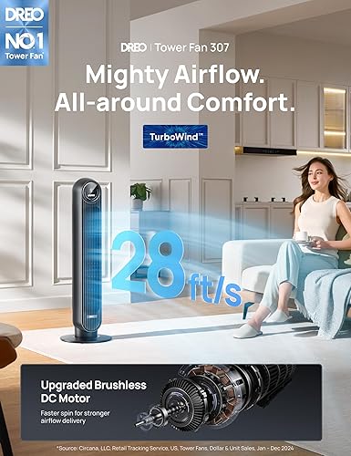 Miniatura 2 de Ventilador de torre Dreo para dormitorio, ventilador silencioso de 25 pies/s, ventiladores oscilantes de 90° para interiores con 4 velocidades, 4