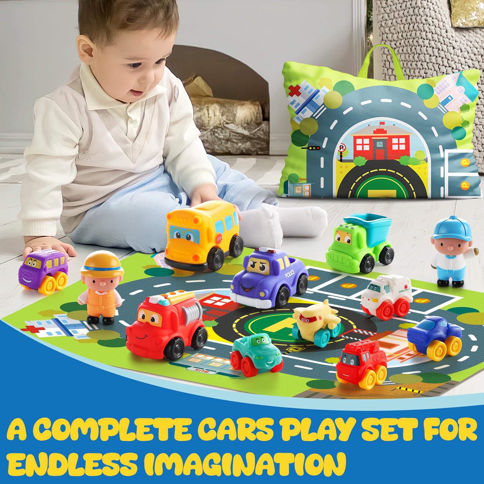 lerrbo Giocattolo Auto in Gomma Mollissima per Bambino di 1 Anno con Tappetino da Gioco|12 Auto Cartone Animato Baby Toys per Bambini dai 12 ai 18 Mesi e Toddler dalle 1 alle 2 Anni