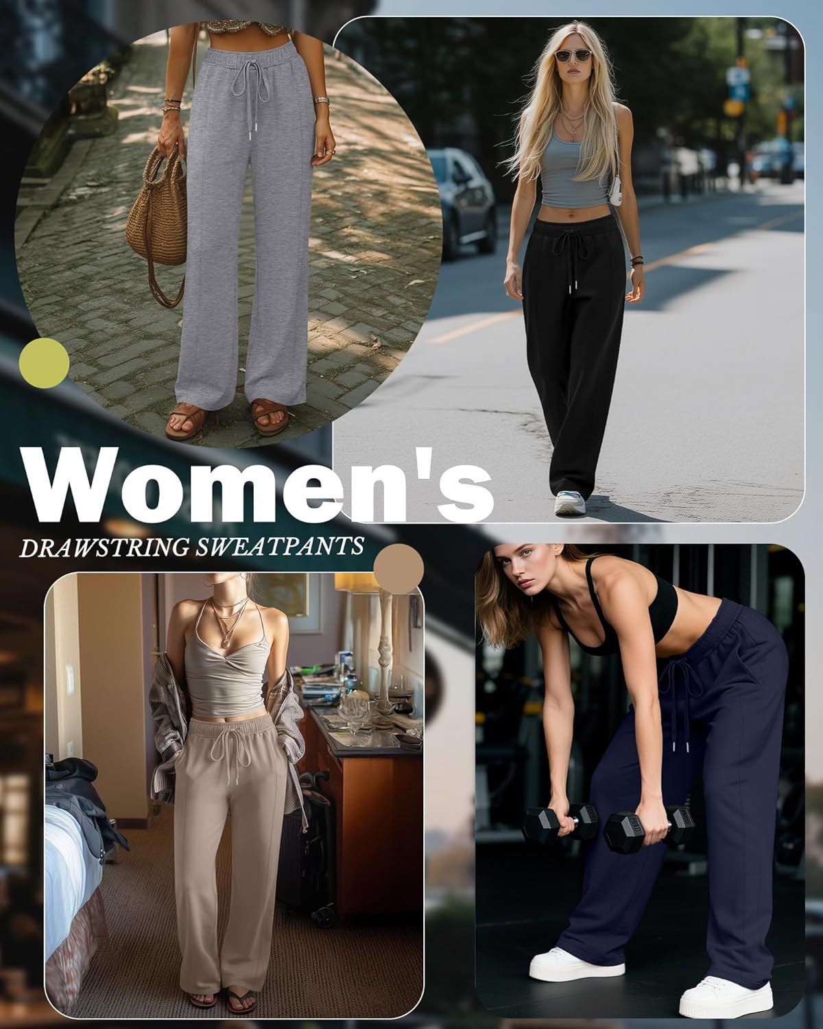 4 Pack Women's Wide Leg Sweatpants, Baggy Straight Elastic Waist Drawstring Multipack Lounge Trousers with Pockets - Image 2