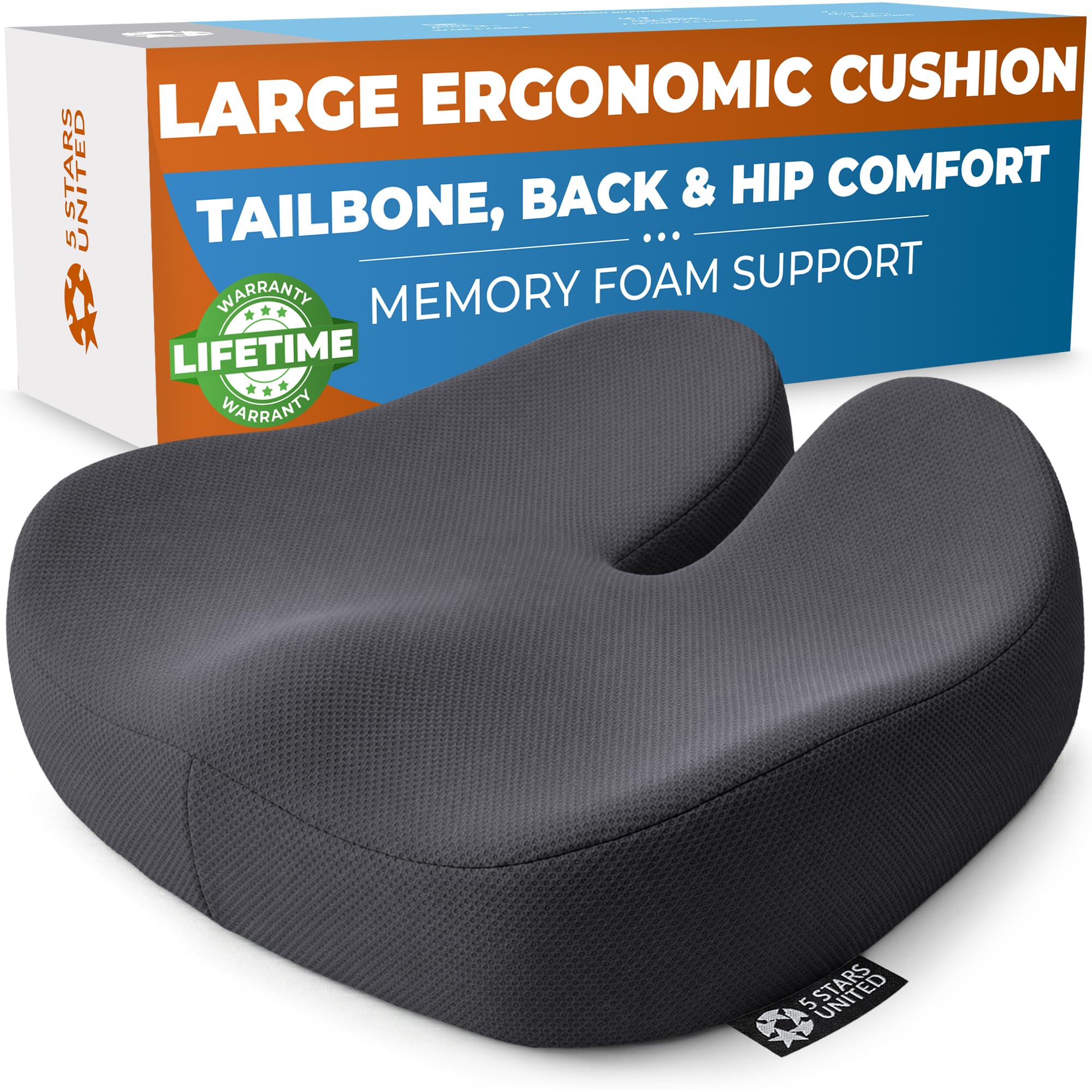 5 STARS UNITED Seat Cushion - Memory Foam Chair Pad for Tailbone Pain Relief - Ergonomic Support for Coccyx, Sciatica &amp; Butt - Office, Desk &amp; Gaming Chair, Car Seat, Wheelchair, Dark Gray Mesh
