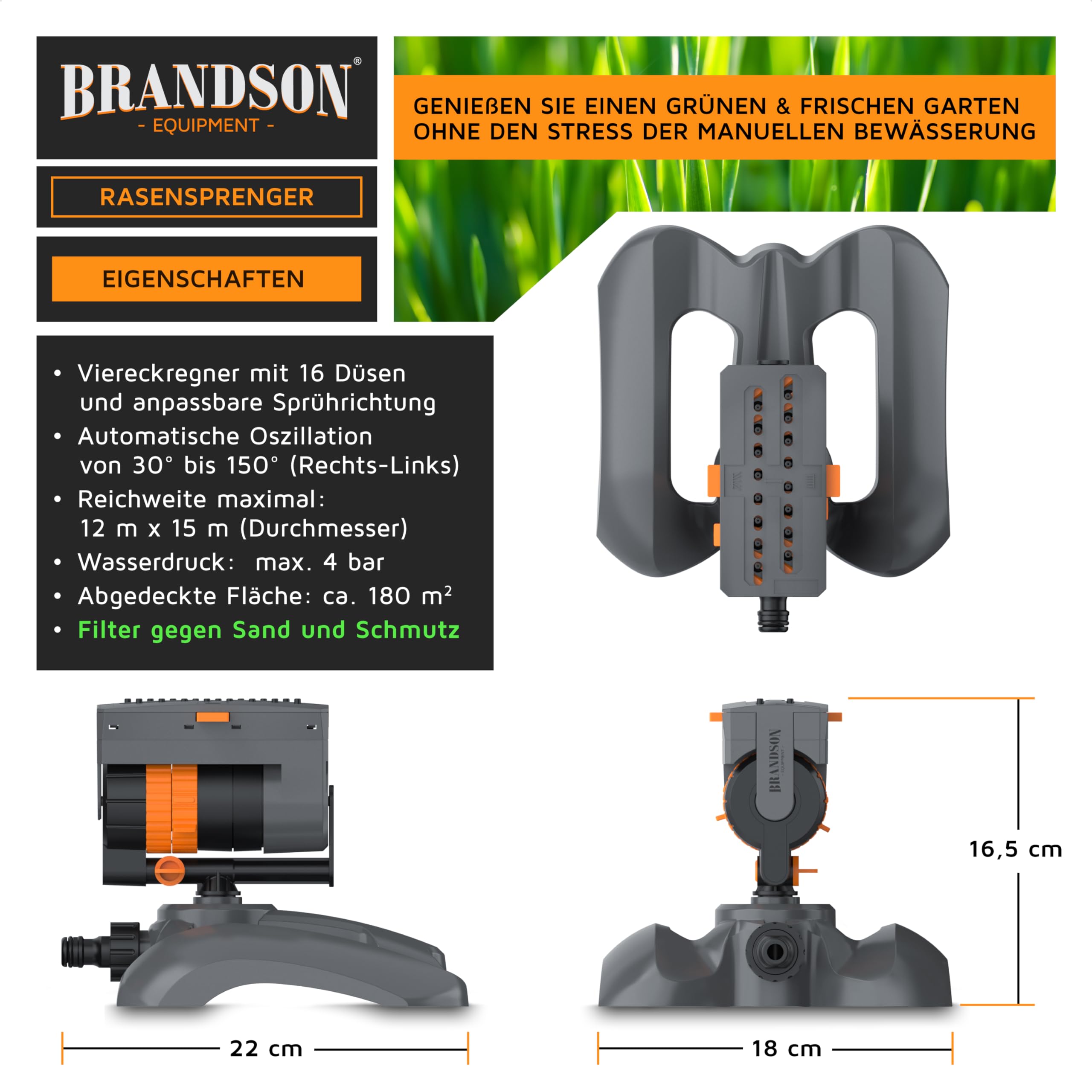Brandson - Viereckregner Rasensprenger Flächenregner - 16 Düsen - 180 m² Beregnungsfläche – Sprühmuster einstellbar von parallel bis gefächert - Rasensprinkler Garten