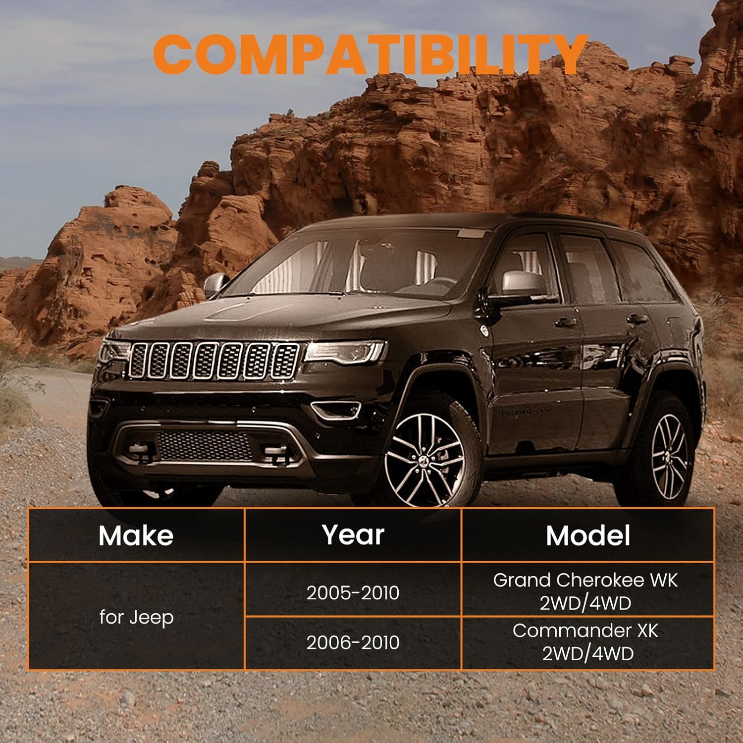 Compatibility chart showing Jeep Grand Cherokee WK and Commander XK models and years.