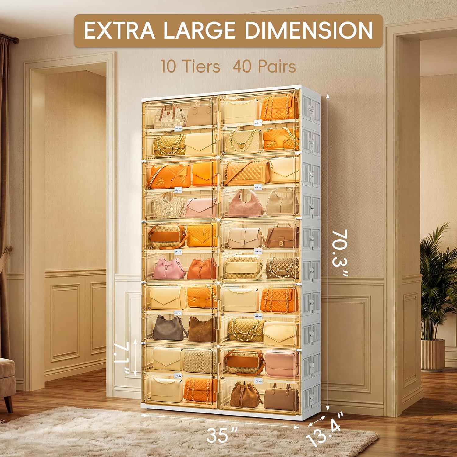 JEKO&JEKO 10-Tier Double Column Foldable Purse and Handbag Storage Cabinet, White Large Organizer with Magnetic Doors
