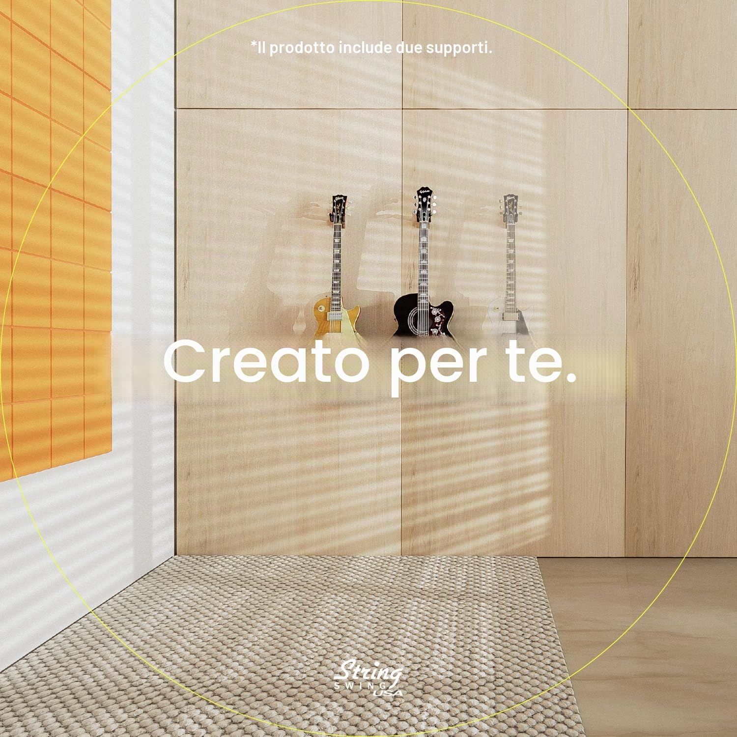 String Swing Supporto per chitarra elettrica, acustica e basso, accessori da parete per casa o studio, per strumenti musicali, sicuro senza custodie rigide, in legno di noce nero, confezione da 2