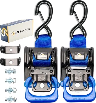 Strapinno 2PCS Retractable Ratchet Straps 1 7/8 in x 4 ft Heavy Duty Transom Tie Downs for Boat, PWC Trailer - Extra Mounting Brackets & Bolt Set,Safety Latch S-Hook,Break Strength 2,600LBS/1,180KG