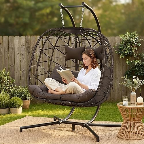 Miniatura 2 de RADIATA Silla colgante de huevo para 2 personas con soporte, sillas abatibles dobles extra grandes y acogedoras para exteriores, silla hamaca de
