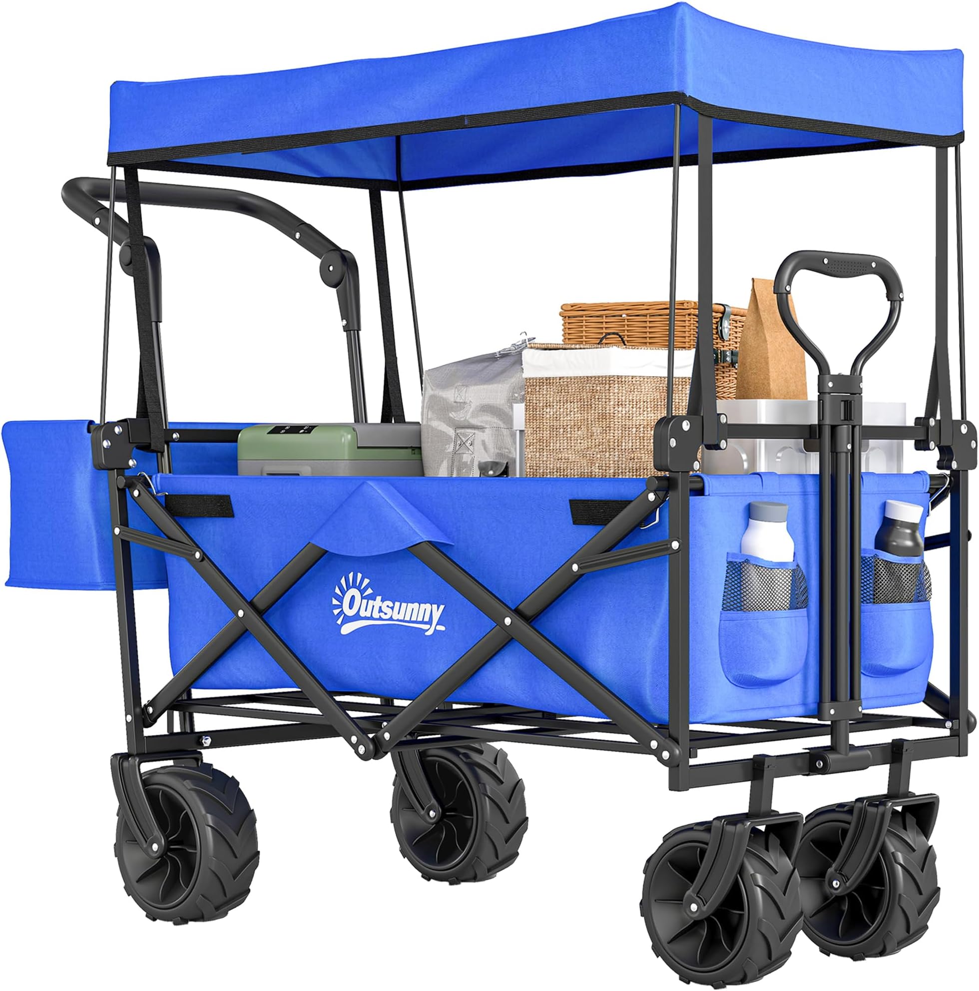 Outsunny 120L Festival Trolley on Wheels, Folding Camping Trolley Cart with Removable Canopy, All-Terrain Wheels, Adjustable Handle, Push or Pull for Garden Beach Fishing Shopping, Blue