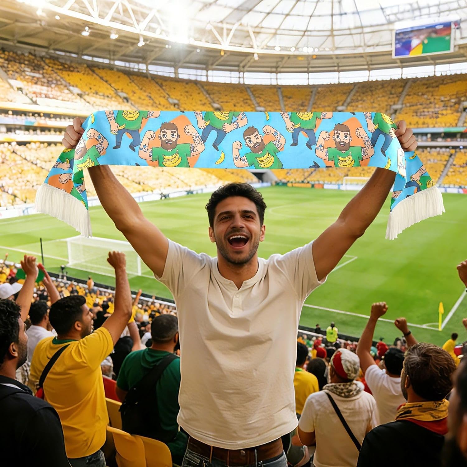 CHIFIGNO Green Yellow Bananas Sports Fan Scarf with Fringe Ends, Soft Polyester Sweat Towel Wrap for Soccer Cheering, Quick Dry Rally Accessory
