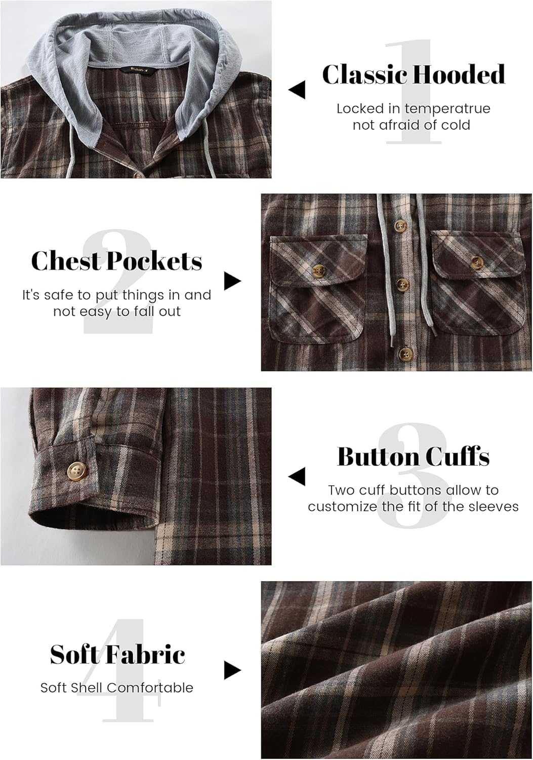 Womens Flannel Hoodie Shirts Long Sleeve Plaid Jacket Casual Cotton Button Down Shirt for Women - Image 4