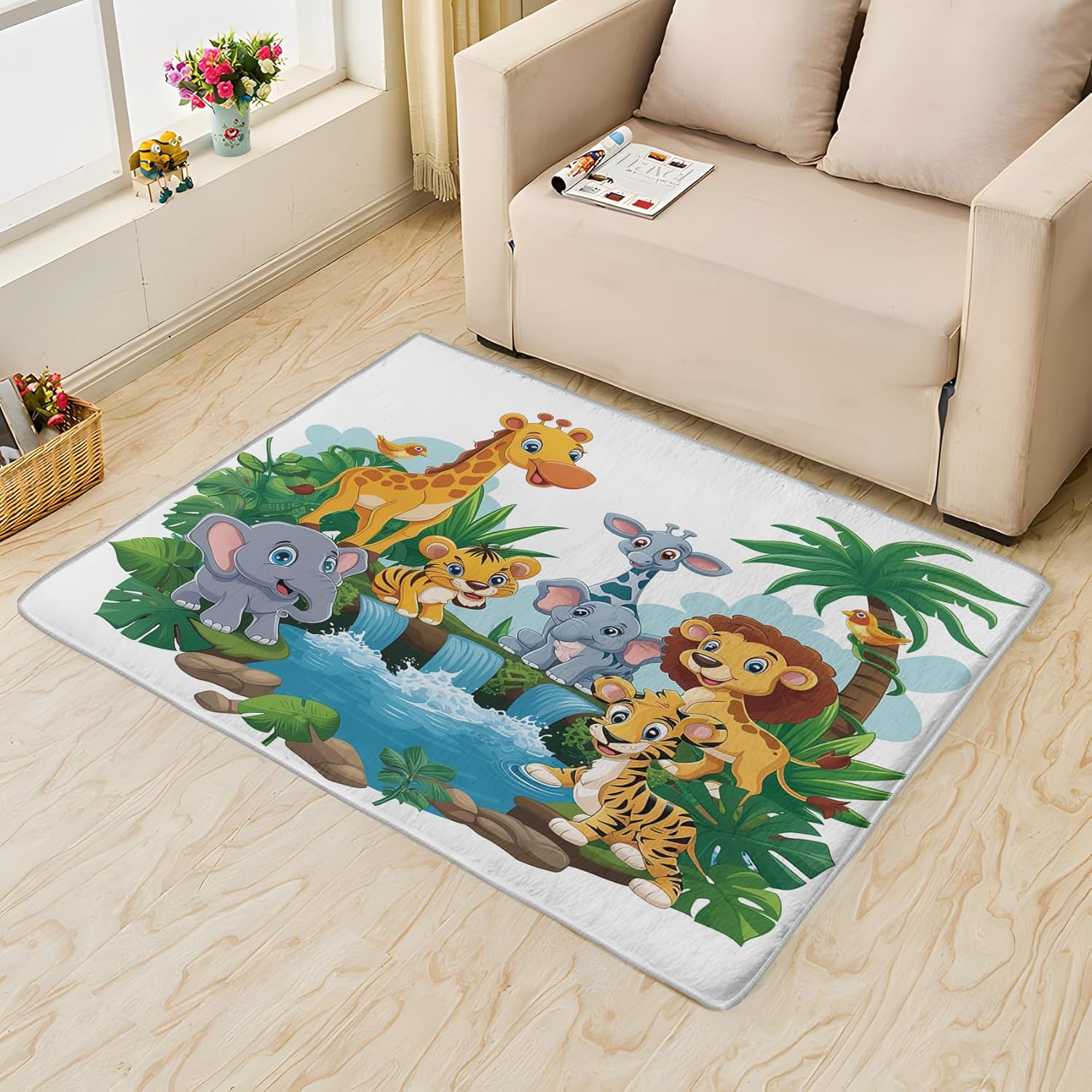 Cartoon Animals Area Rug 2x4, Jungle Safari Animals Rug Small Indoor Mats, Jungle Zoo Animals Carpet for Entryway, Non-Slip Soft Low Pile Machine Washable Decor Rugs