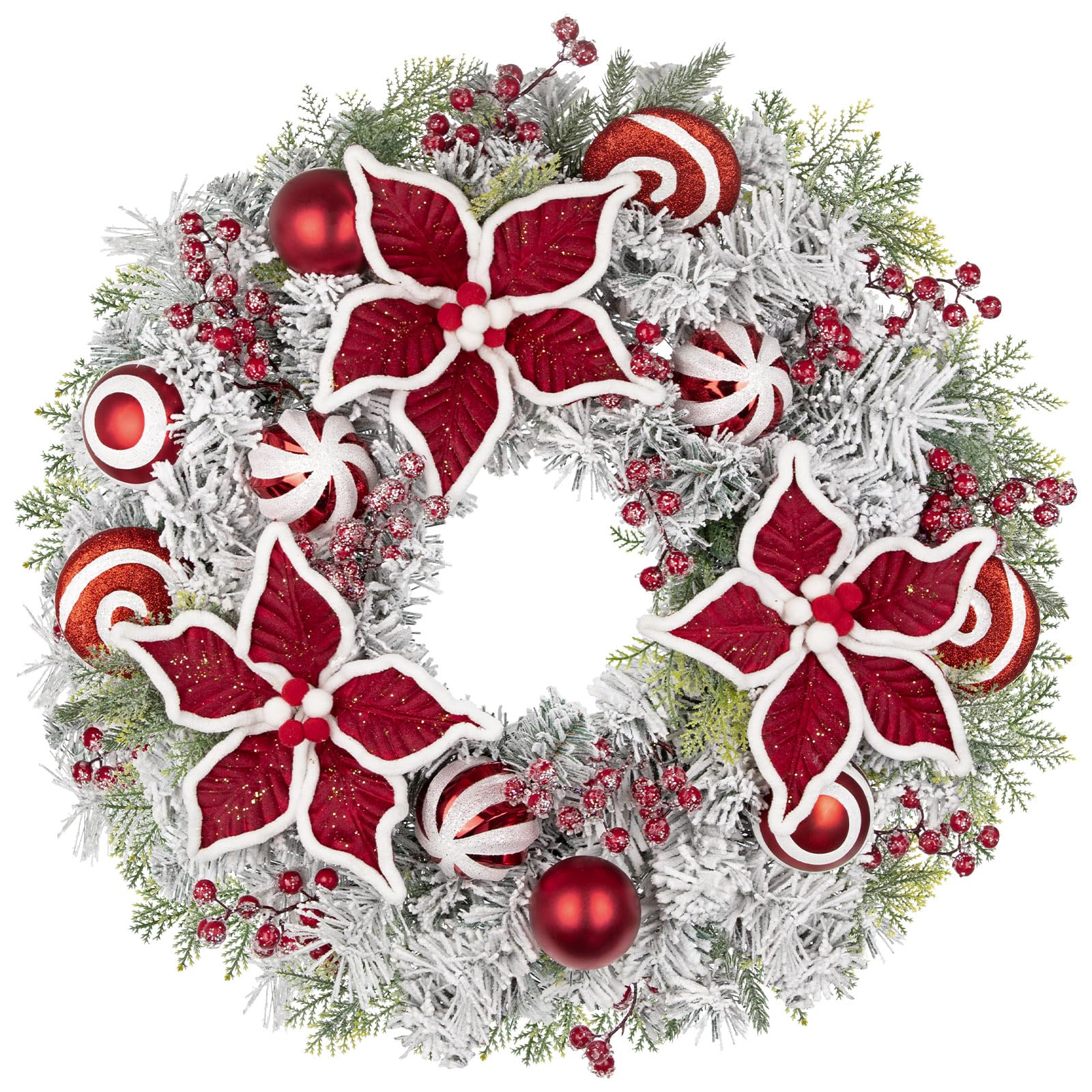 Oairse Corona de Navidad de 24 pulgadas con flor de Pascua roja, adornos de bolas y caramelos, corona artificial grande para decoración de puerta delantera con pino nevado, guirnalda colgante de